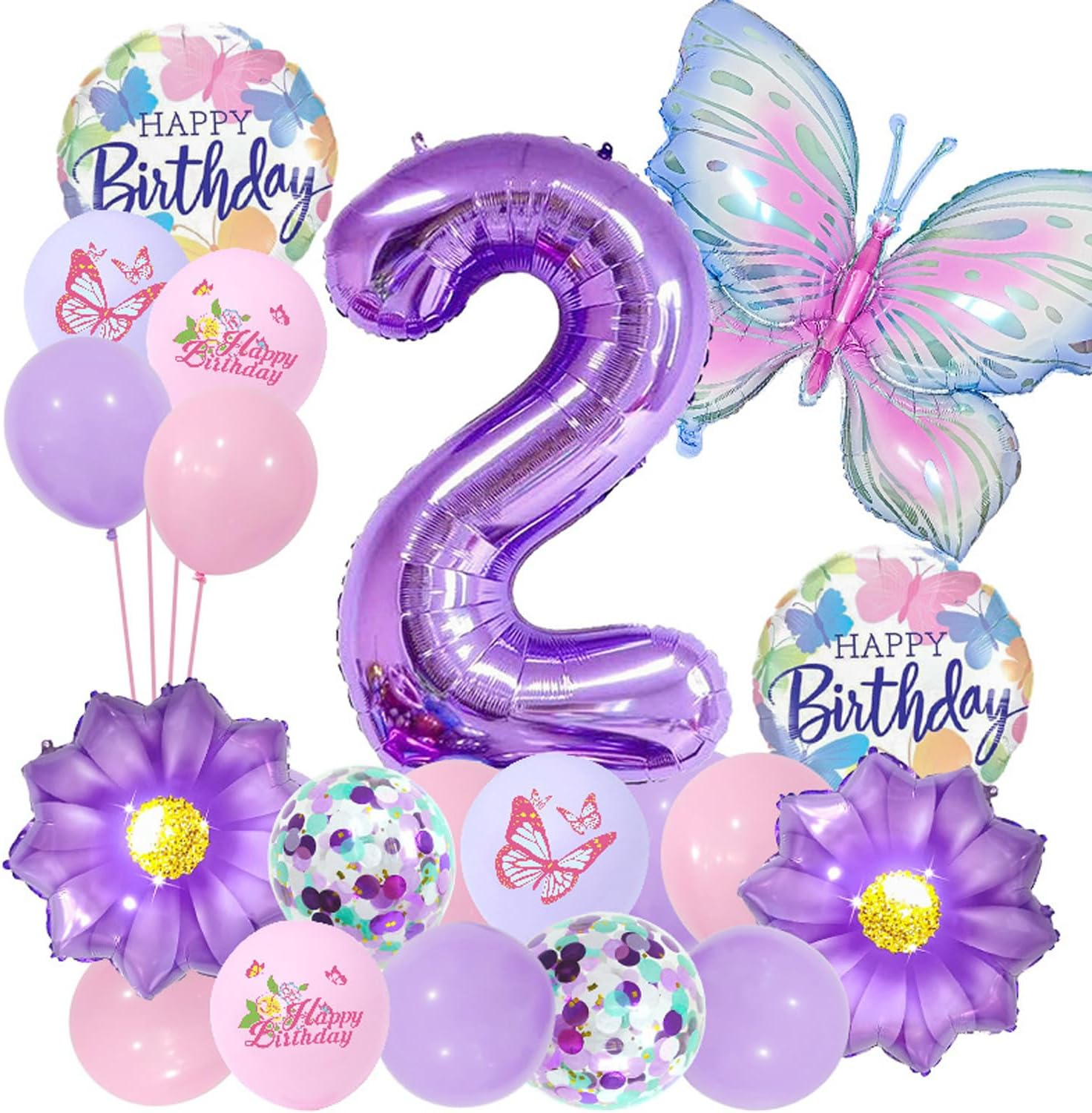 Butterfly Daisy Number Balloons 3Nd Happy Birthday Party Decorations Purple Butterfly Foil Mylar Latex Balloon Set 32Inch Digital Daisy Sequin Birthday Party Decoration Number 3