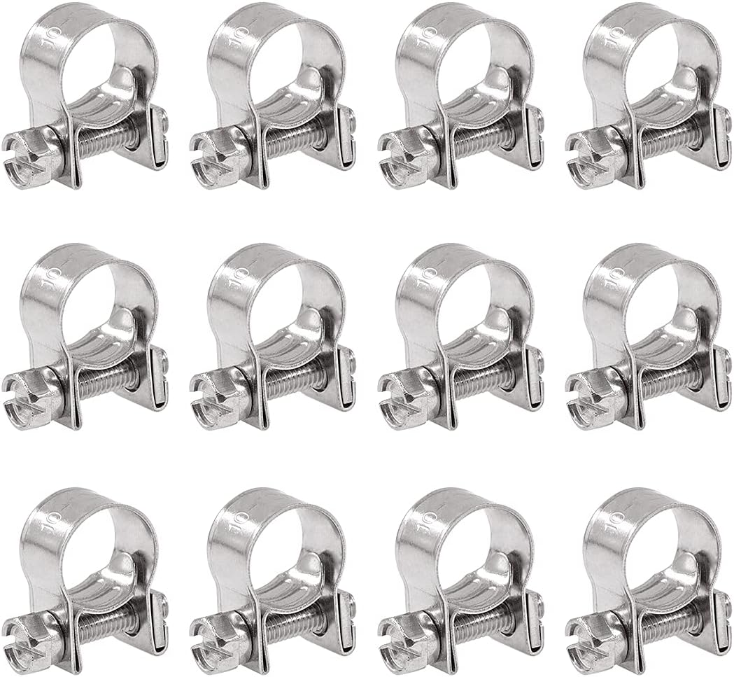 Glarks 12Pack 10-12Mm Stainless Steel Mini Fuel Injection Hose Clamps Adjustable Pipe Hose Clip Tube Clamps Set (13/32''-15/32'' Dia)