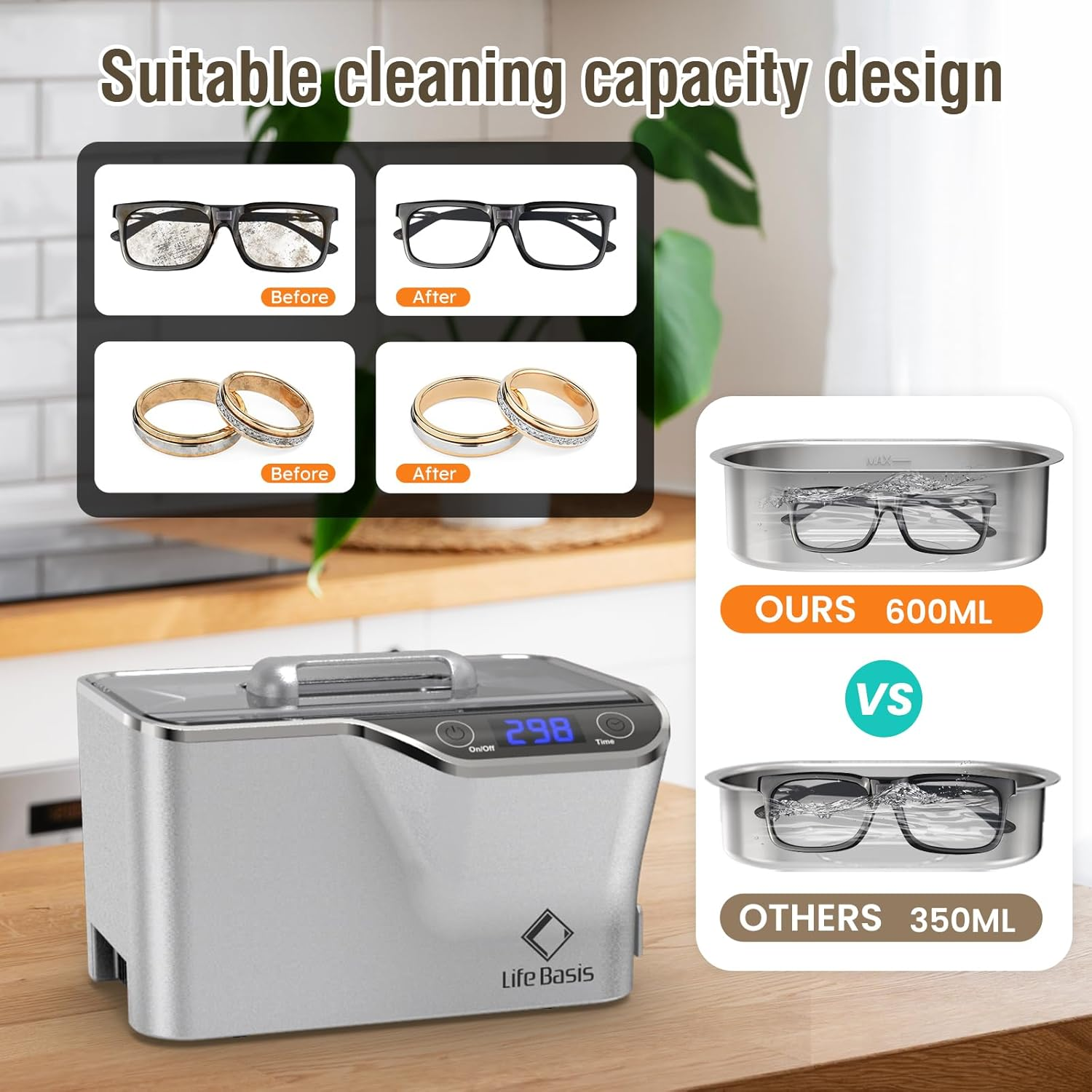 Ultrasonic Jewelry Cleaner 600Ml 42,000 Hz with Digital Timer and Cooling Fan for Cleaning Jewelry Eyeglasses Earrings Rings Necklace Coins Razors Dentures Combs Tools Silver image number 5