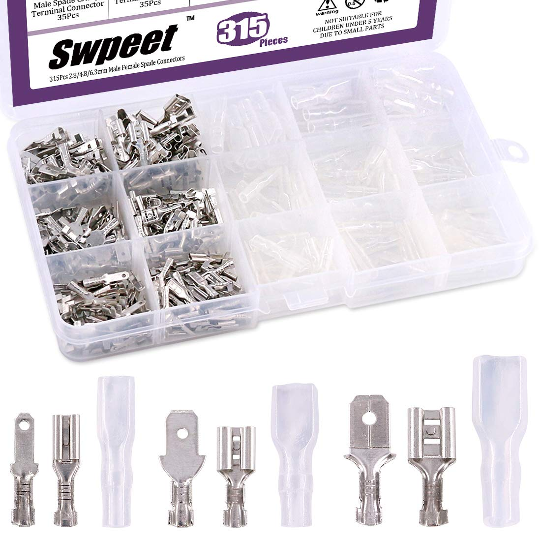 315Pcs 2.8/4.8/6.3Mm Male and Female Spade Quick Connectors Wire Crimp Terminal Block with Insulating Sleeve Assortment Kit Perfect for Electrical Wiring Car Audio Speaker image number 5