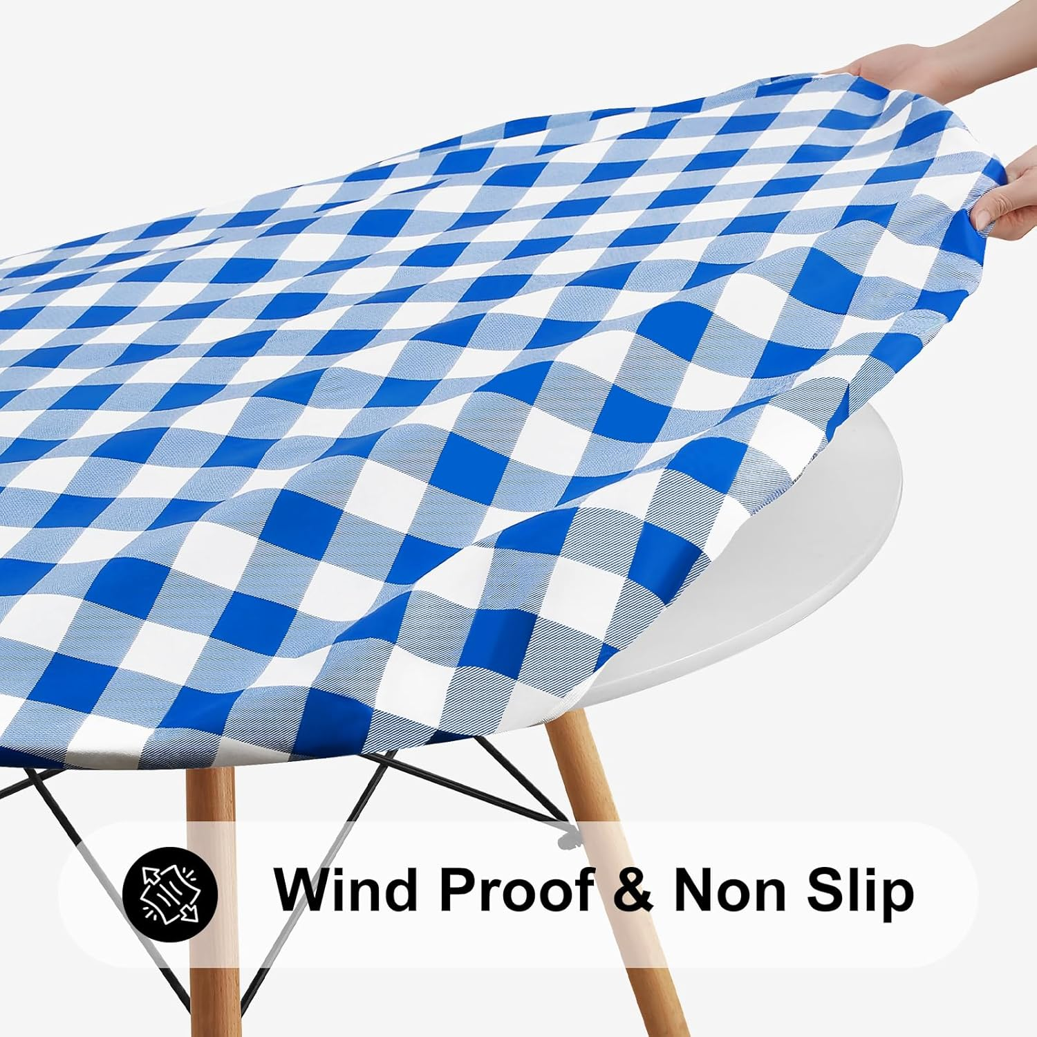 Smiry round Picnic Table Cloth, Elastic Waterproof Fitted Vinyl Tablecloth for 36"-44" Tables, Flannel Backed Buffalo Plaid Table Covers for Dining, Camping, Outdoor, White and Blue image number 2