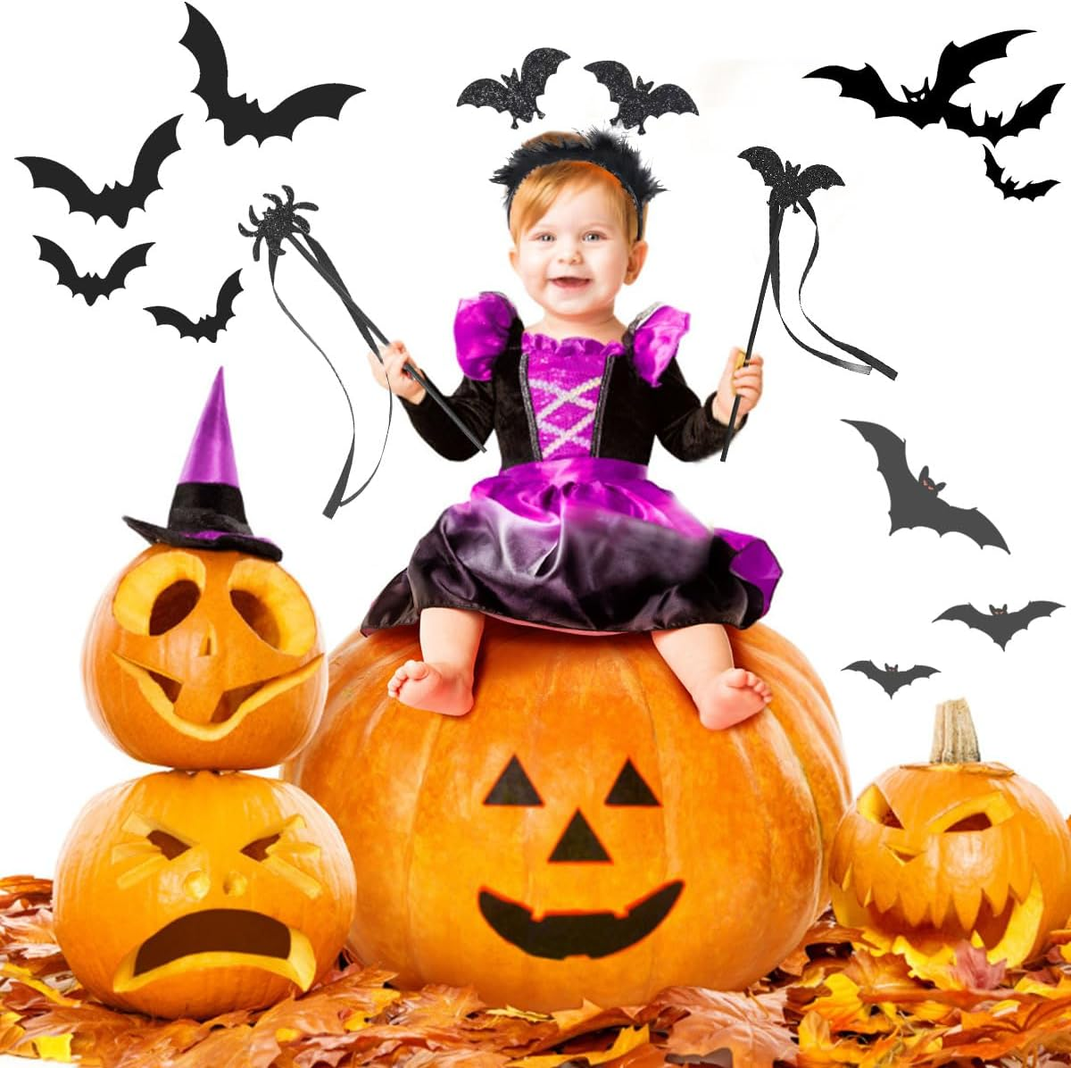 LGZIN Halloween Headband with Magic Wand, Bat Headband, Spider Headband, Bat Accessories, Halloween Spider Hair Band, Bat Ears with Glitter Effect for Carnival, Halloween