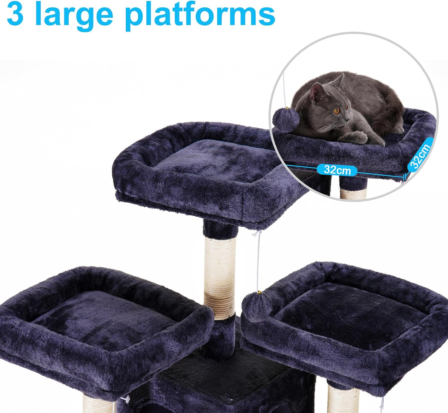 Hey-Brother Cat Tree, 180 Cm XL Large Cat Tower for Indoor Cats, Multi-Level House with 3 Padded Perches, Big Scratcher, Cozy Basket, 2 Cat Condos and Scratching Posts, Smoky Gray MPJ034G image number 6