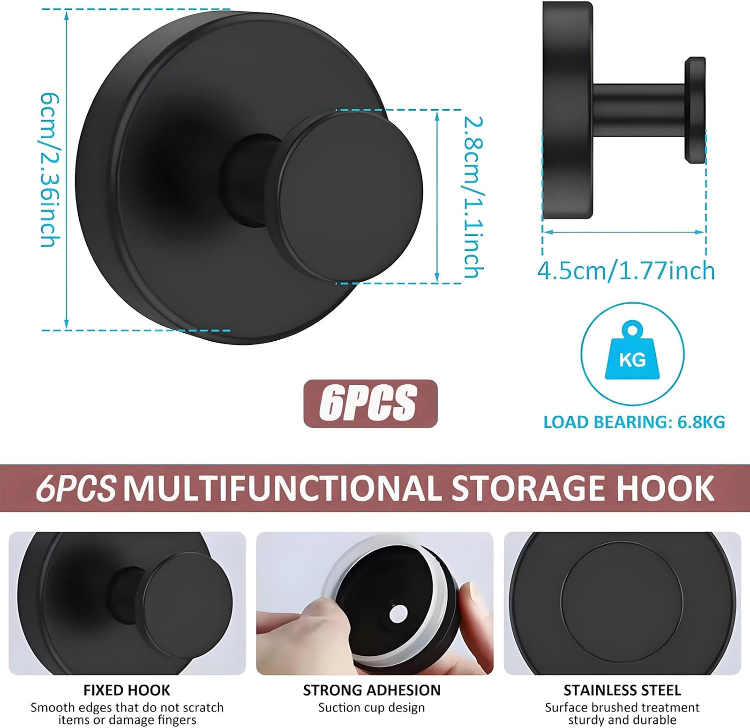 MYTOAU 6 Pack Suction Cup Hooks for Bathroom,Stainless Steel Suction Self Adhesivetowel Hooks,No Drill Heavy Duty Hooks for Bathroom Wall,Kitchen,Glass,Mirror,Tile to Hang Towels,Robes,Loofah(Black) image number 1