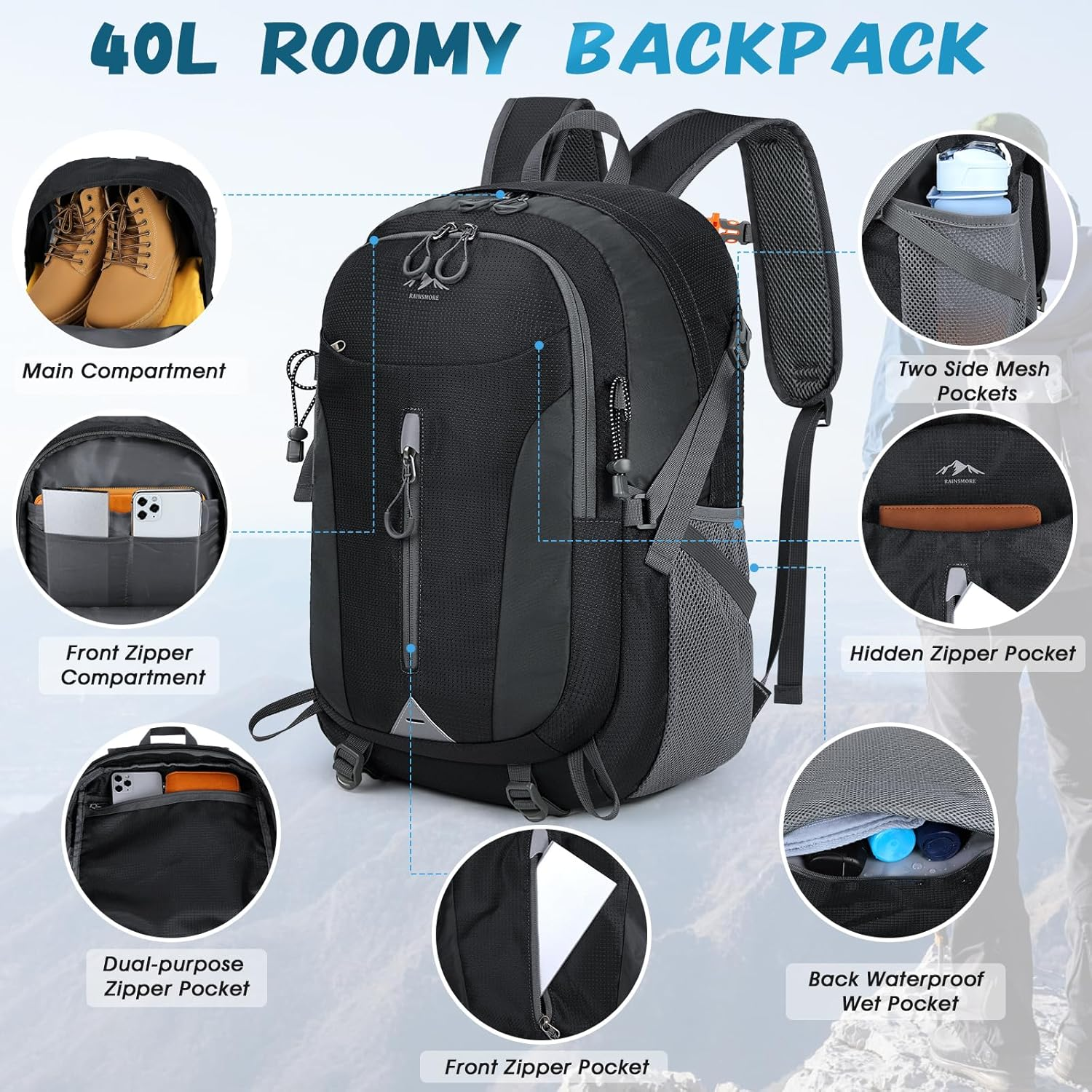 Hiking Backpack 40L Lightweight Packable Camping Backpack Waterproof Travel Daypack Men Women Hiking Daypack - Green image number 6