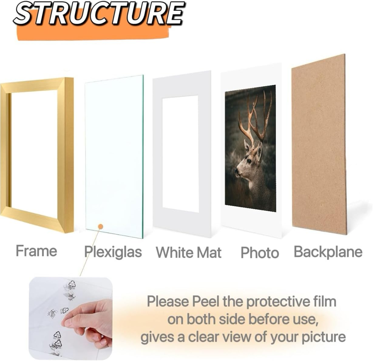 AIGOMIO 11X14 Picture Frame Set of 5, 14X11 Plexiglass Picture Frame for 8X10 with Mat or 11X14 without Mat, Wall Gallery Display Frame (Gold)