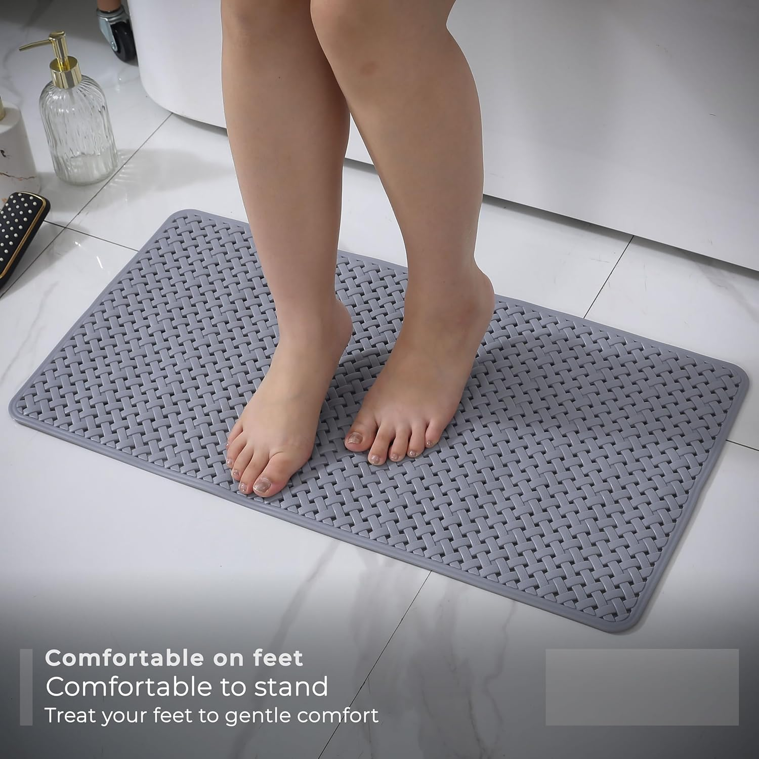 Bath Mat Non Slip anti Mould - 36X70Cm Bathtub Mat for Bathroom with Suction Cups and Drain Holes, Machine Washable Shower Mats for inside Shower Ideal for Kids & Elderly - anti Slip Bath Mat (Grey) - Green image number 2