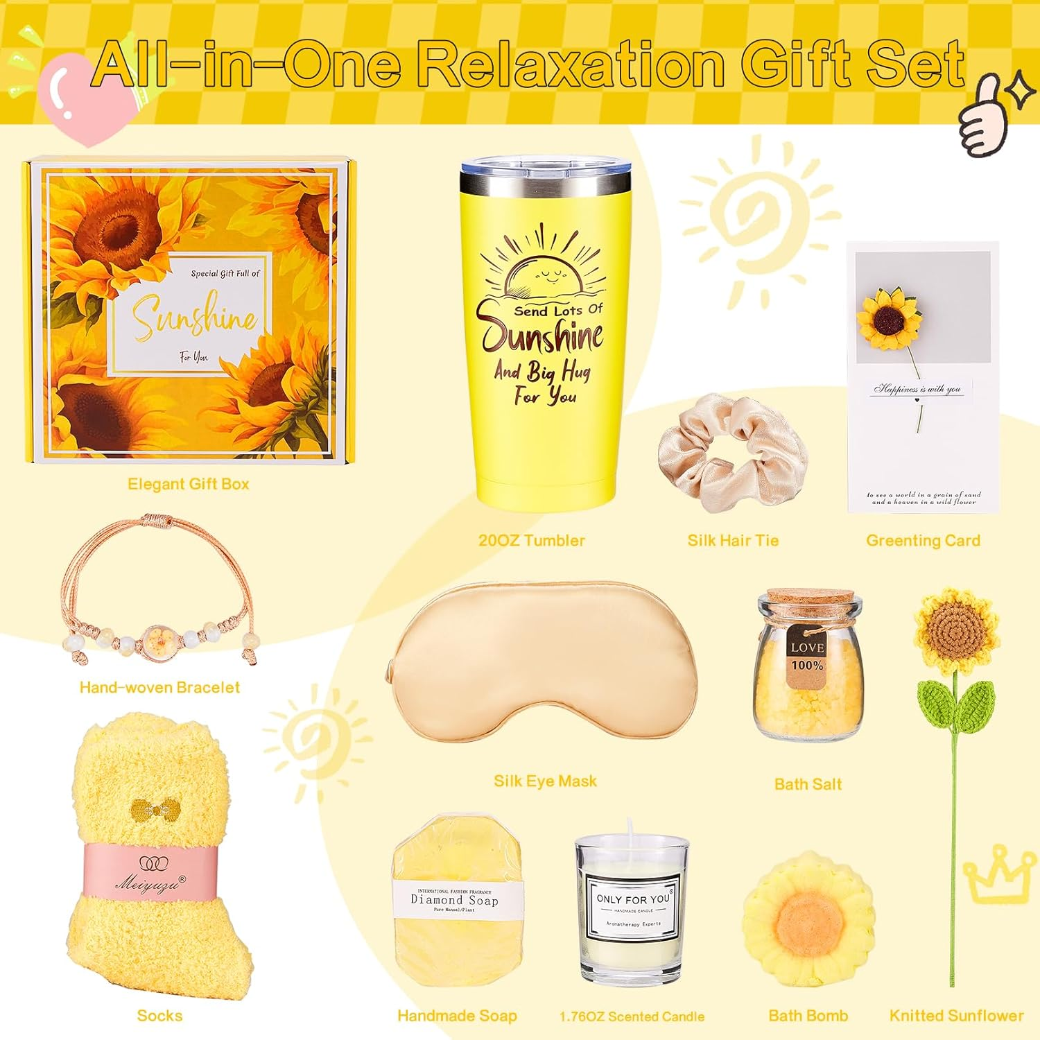 Luckybundle Gift Baskets for Women, Unique Birthday Gifts for Women, Sunflower Care Package, Thinking of You Cheer up Box, Get Well Soon Spa Gift Basket for Mom Sister Best Friend image number 2
