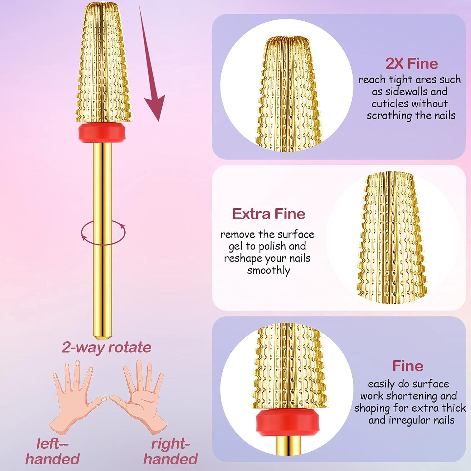 Outus 3 Pieces Nail Carbide 5 in 1 Bit Nail Drill Bits Set Tapered Barrel Carbide Nail Drill Bit, 3/32 Inches Cone Shape Carbide Bit Carbide Nail Drill Bits for Acrylic or Gel Remover (Golden)