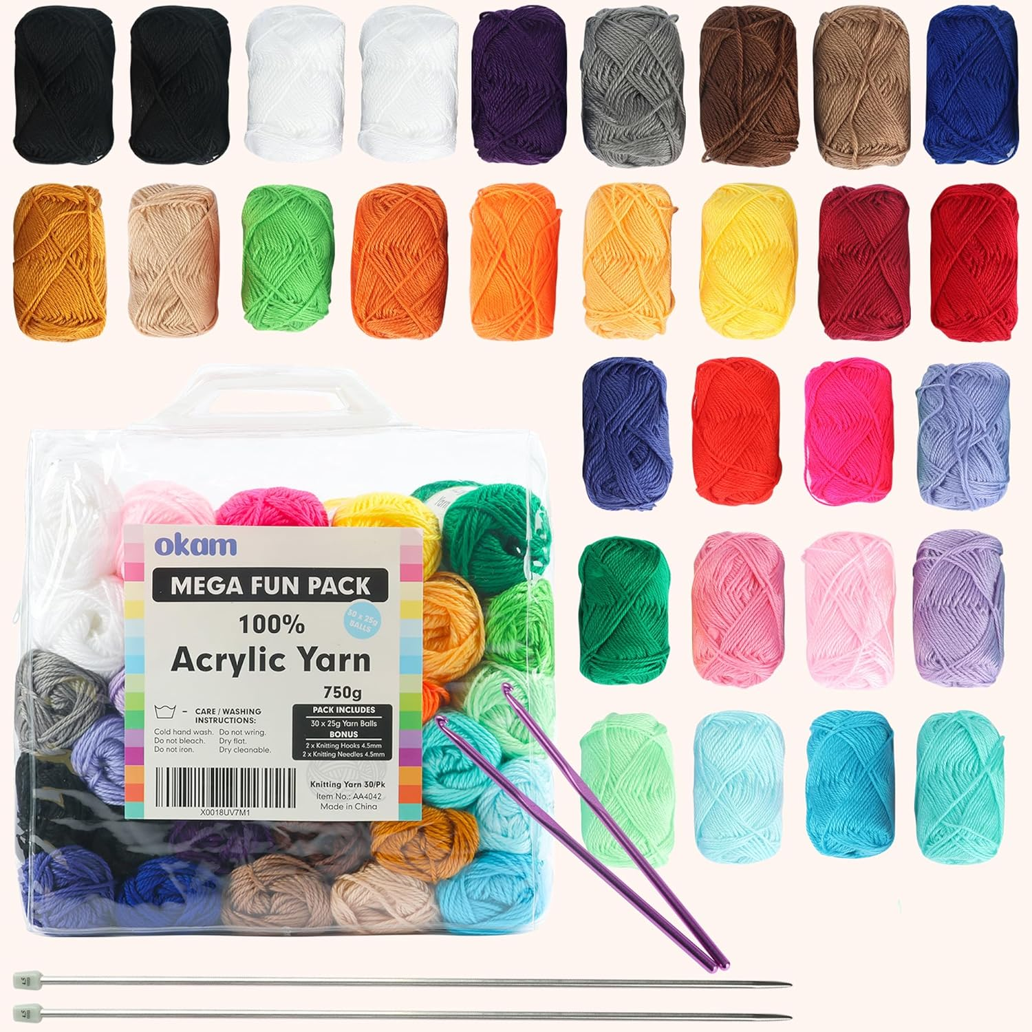 Okam Crochet Yarn Pack of 30 Multipack - 100% Acrylic Coloured Yarn with Crochet Hooks & Knitting Needles & Zipper Carry Bag - Knitting Yarn Kit for Beginners. Kids, Craft Projects 25G Each (750G) image number 5