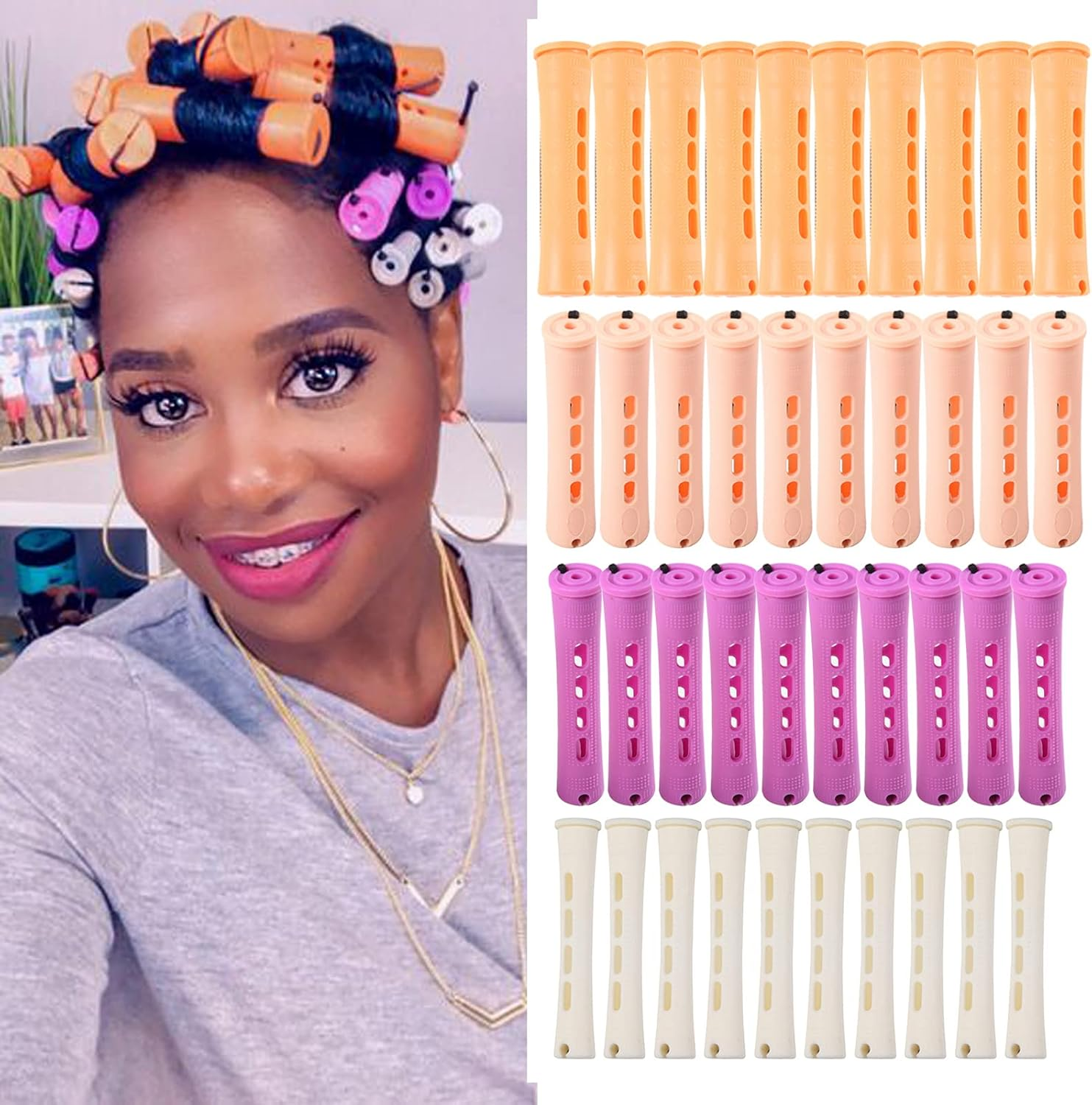 60Pcs Perm Rods Set for Natural Hair Cold Wave Rods Hair Rollers for Women'S Long Medium Short Hair Curler Styling DIY Hairdressing Tools（Orange）