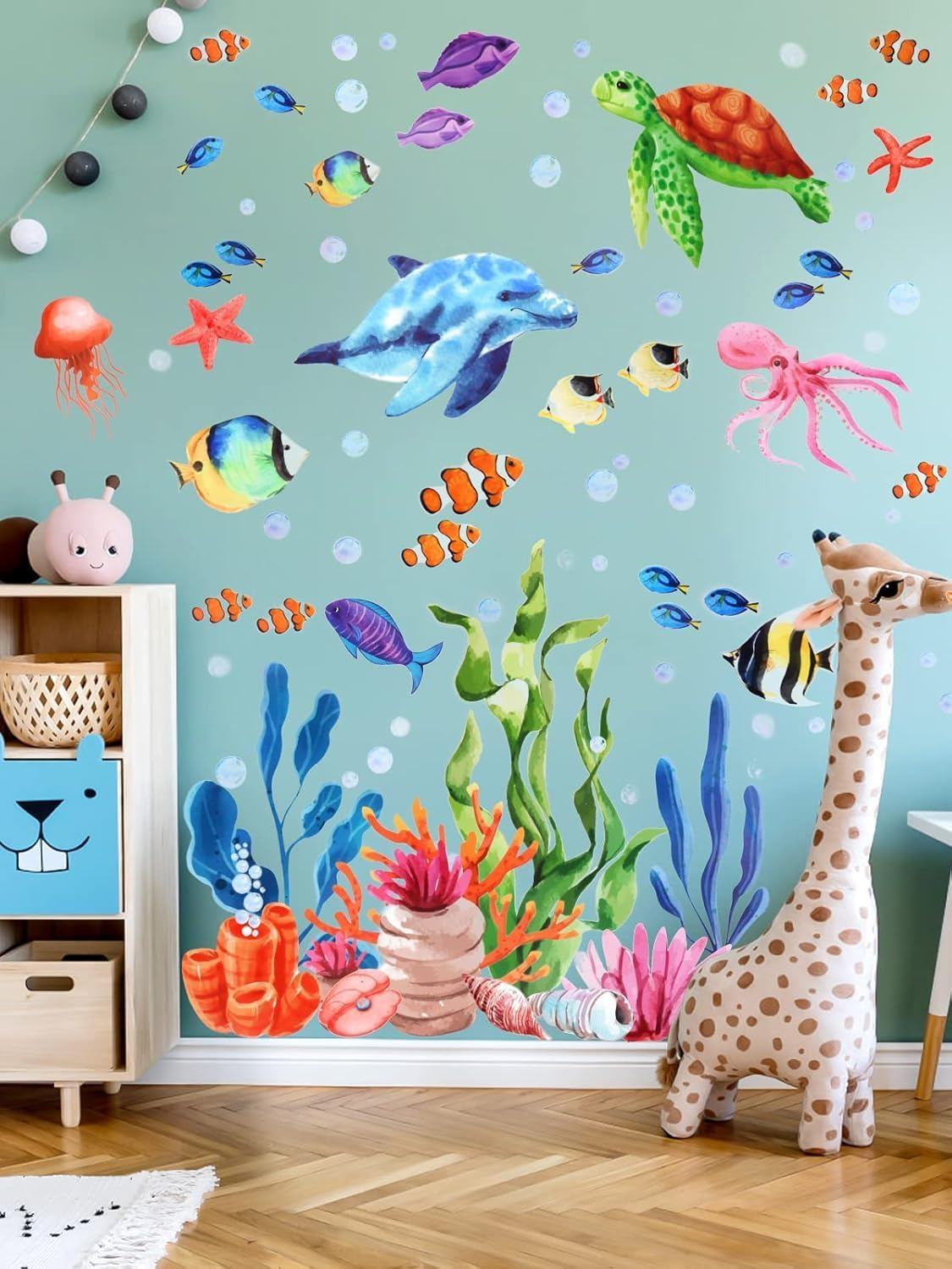 Kalolary under the Sea Wall Decals Sea Turtle Whale Dolphin Starfish Wall Stickers 3D Coral Reef Ocean Grass Bubbles Wall Decals Wall Decoration for Wall Corner Nursery Room Children Bedroom Bathroom image number 1