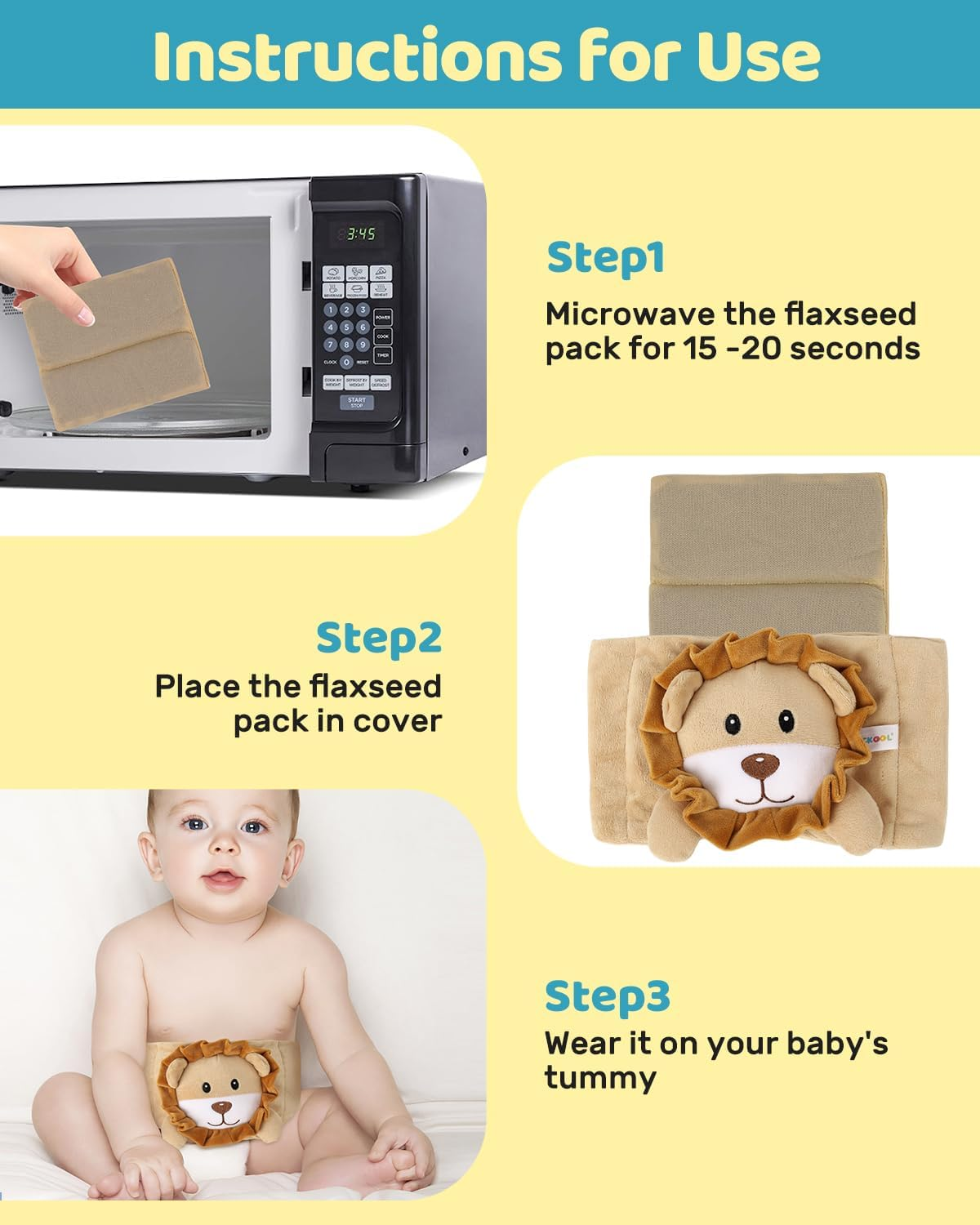 Baby Colic and Gas Relief, Flaxseed Heated Tummy Wrap for Newborns, Belly Relief by Soothing Warmth, Infants Swaddling Gripe Belt, Natural Relief Heating Pad for Upset Stomach in Toddlers, Lion image number 4