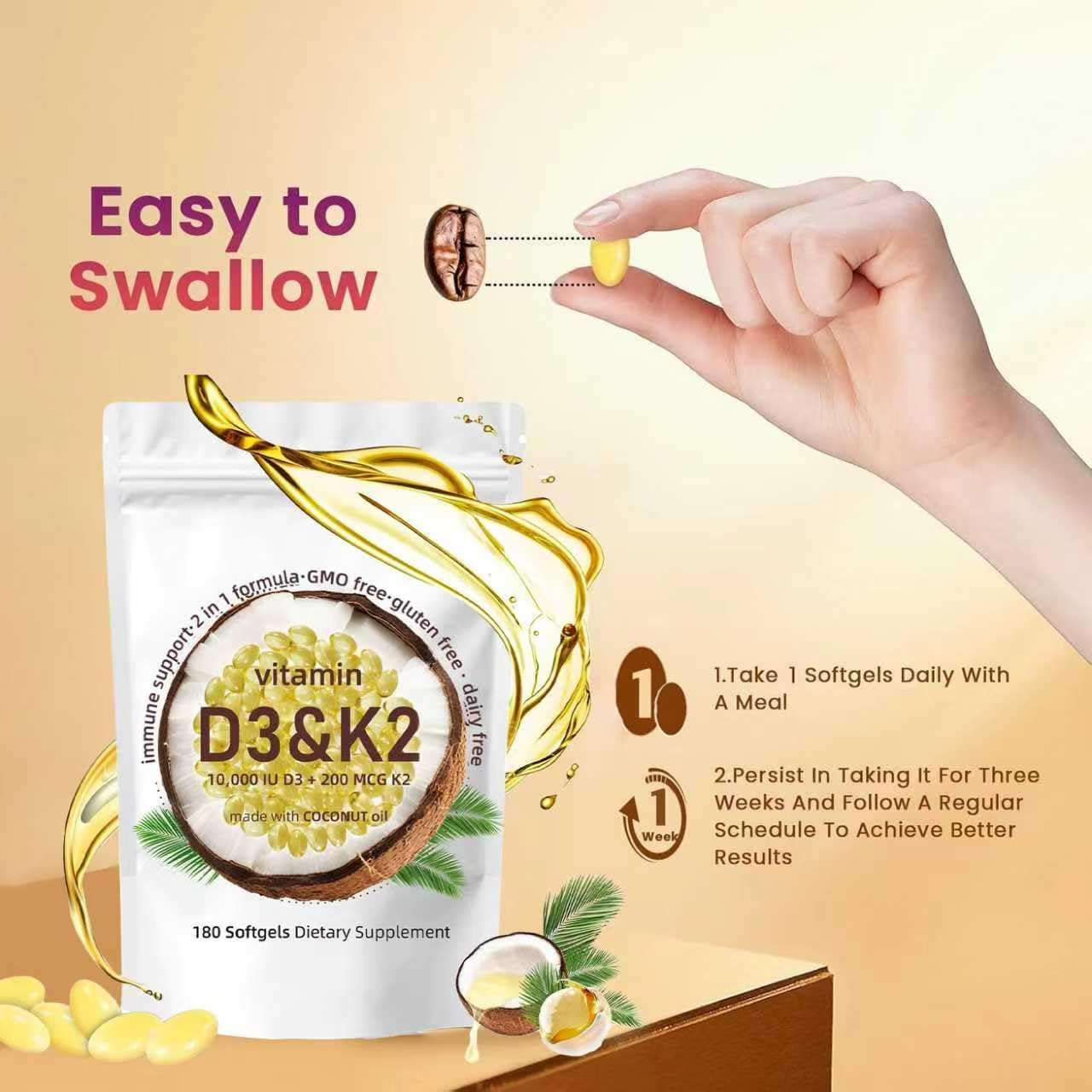 2 in 1 Vitamin D3 Supplement 10000 IU for Immune System & Bone Health Support, Non-Gmo, Gluten Free, Easy to Swallow Softgels (180 Count) image number 4