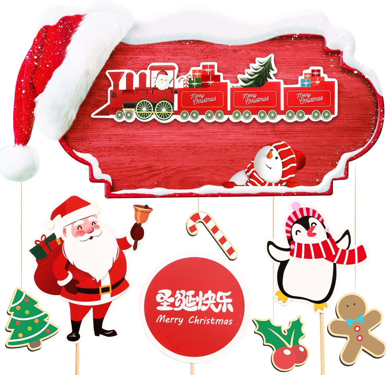5Pcs Merry Christmas Cake Toppers Decorations Set DIY Penguin Santa Claus Christmas Cake Banner Cupcake Toppers for Winter Xmas Holiday Frozen Party Supplies image number 6
