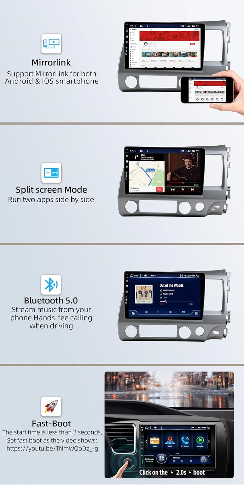 Android 14 IPS Car Stereo for Honda Civic (2006-2011) - Wireless Carplay/Android Auto - 4G+64G - LED Camera + MIC - 10.1 Inch 2 Din - DSP Steering Wheel DAB Fast-Boot 360-CAM Wifi image number 4