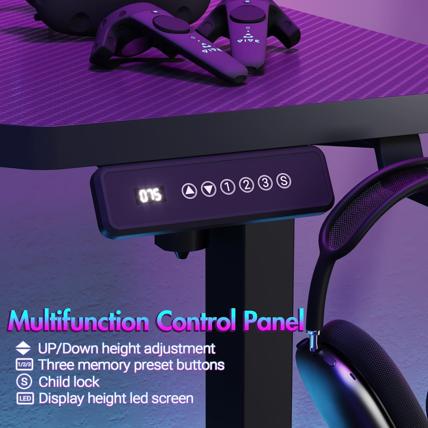 Advwin Electric Standing Desk, Gaming Desk RGB LED, Carbon Fiber Desktop Ergonomic Sit Stand Desk with Height Adjustable and Smart Memory Preset, Computer Workstations for Home & Office, Black, 140Cm