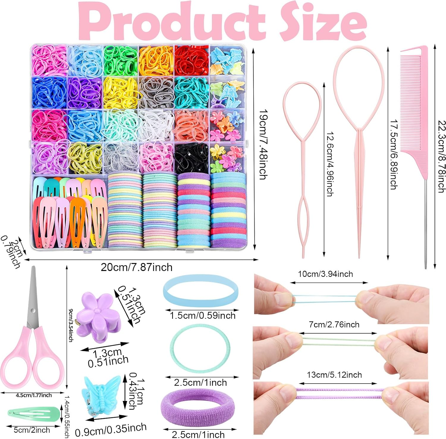 Hair Accessories Set - 1543 Pcs Elastic Bands in 20 Colors, Baby Ties, Tail Tools, Rat Tail Comb, Butterfly Clips with Organizer Box for Girls - Neutral Multicolor image number 2