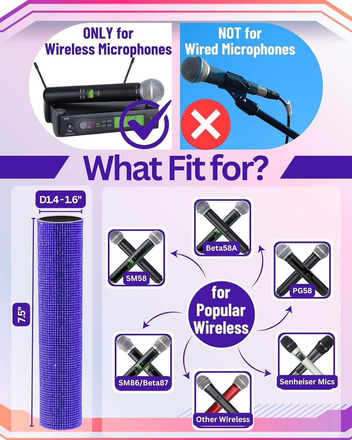 Rhinestone Microphone Sleeve for Shuer Wireless Mic SM58, Beta58A, Beta87A, SM86, PG58 Handle Cover Replacement, Royal Blue Bling on Party, Tours, TV Shows (Mic NOT Included) image number 6