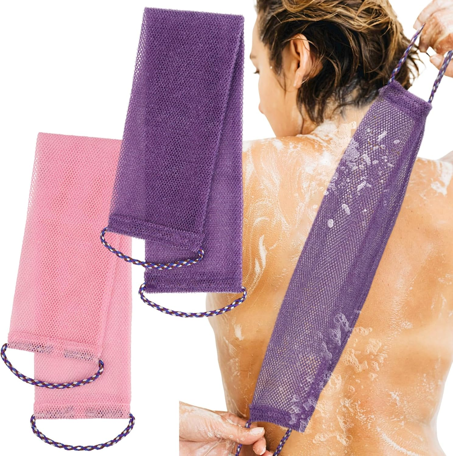 Viiotu 2025 Upgraded 2 PCS African Net Sponge - Authentic Exfoliating Body Scrubber with Stretchable Nylon Mesh, Durable Hygienic Shower Back Scrubber for Men & Women (Blue+Purple)