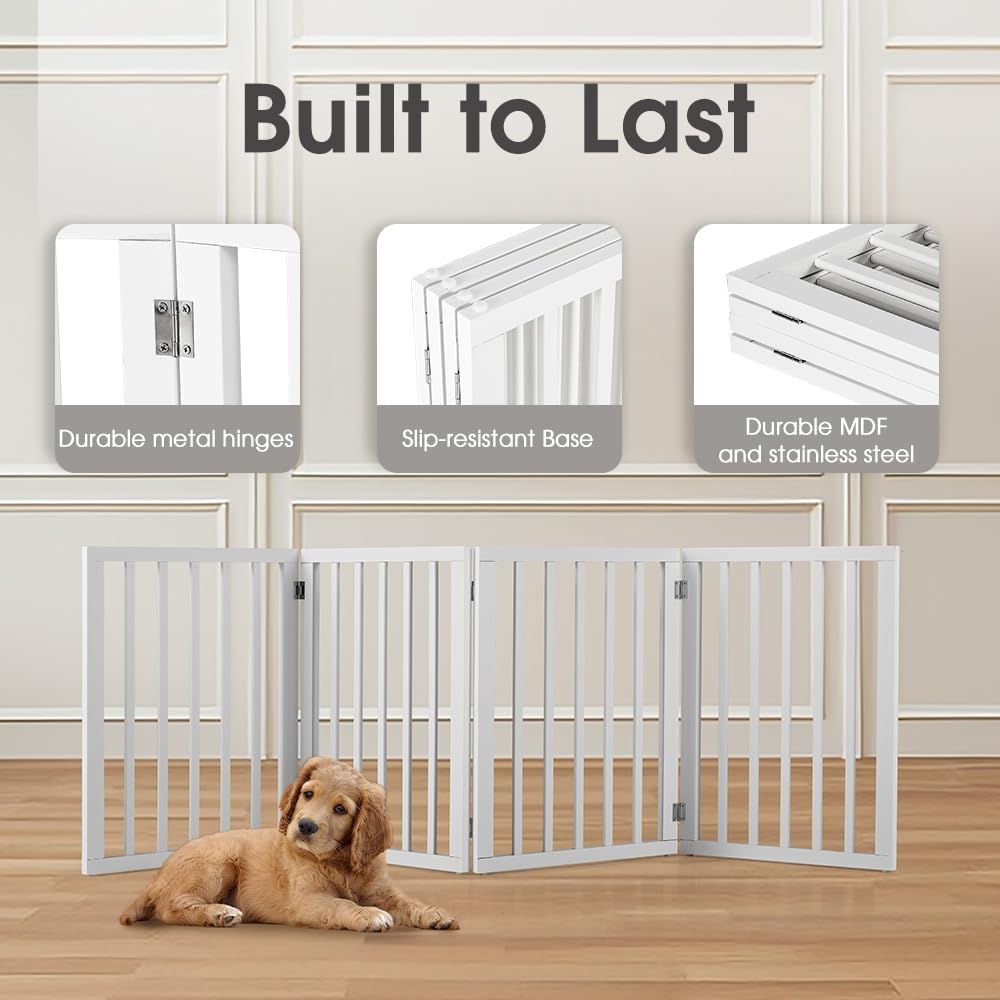 Petzly Foldable Dog Gate, Freestanding Pet Gate for Puppy Small Dogs and Cats, Dog Fence for House Stairs Doorway Bedrooms, No Drill Pet Barrier Indoor/Outdoor, 4 Panels Fence, White - 188CM X 61CM image number 3