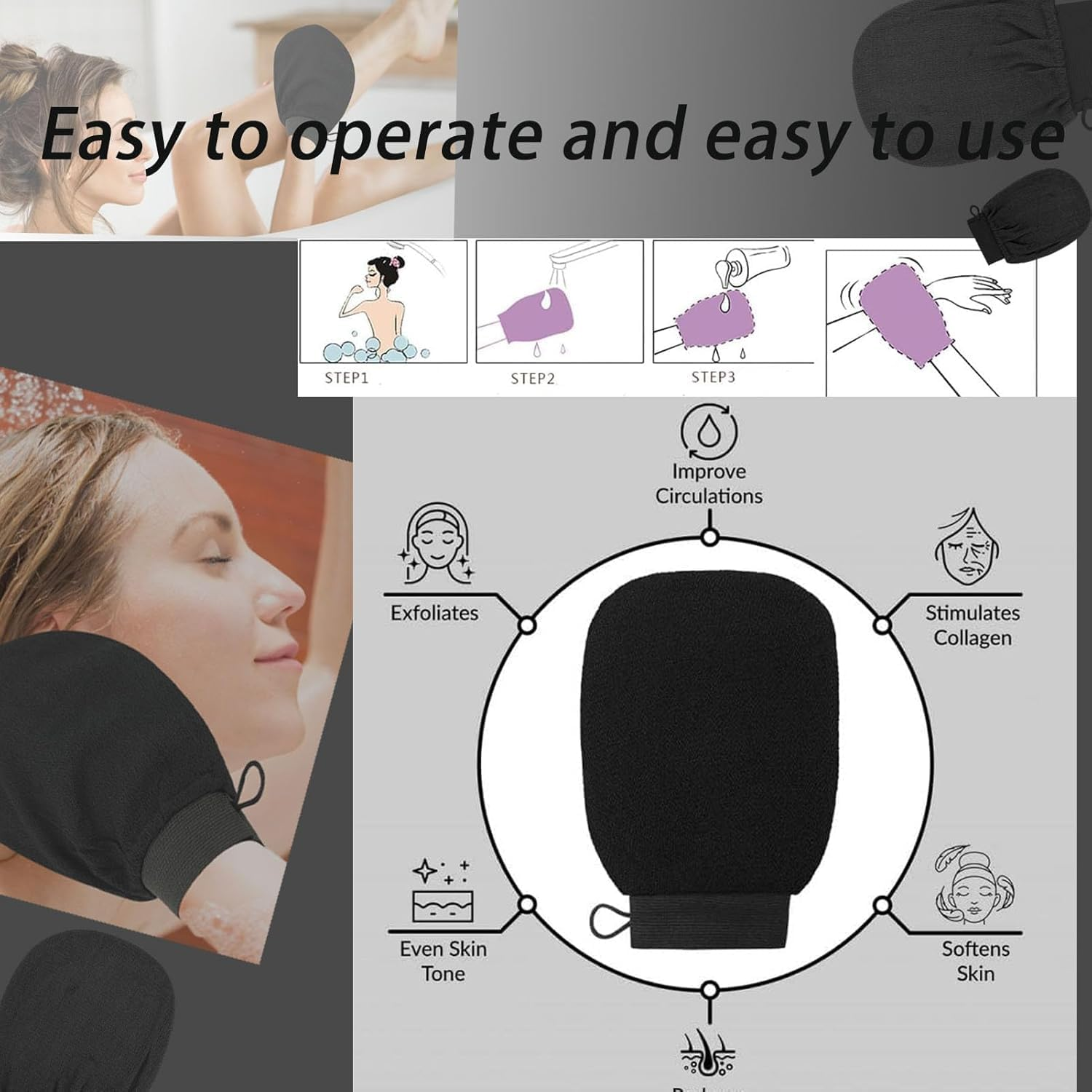 BEANPRECOY 3Pcs Exfoliating Mitt Body Scrub Gloves Deep Exfoliator for Shower Soft Dead Skin Remover Bath Body Exfoliating Glove for Women Men Removing Exfoliation Easy Foaming Smooth Skin Surface image number 3