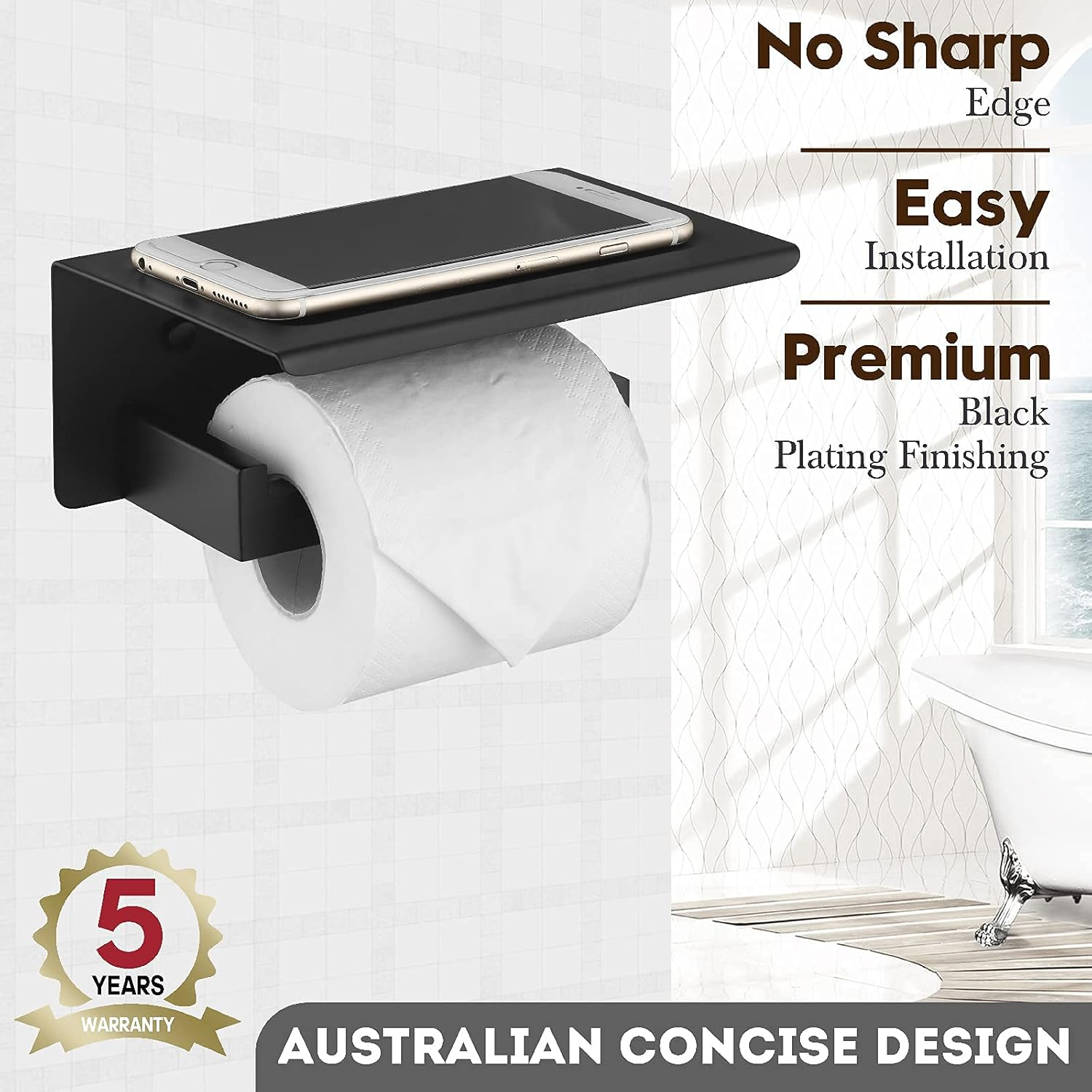 Decaura Toilet Paper Roll Holder with Phone Shelf Wall Mounted 304 Stainless Steel Bathroom Modern Tissue Towel Holder (Black) image number 3