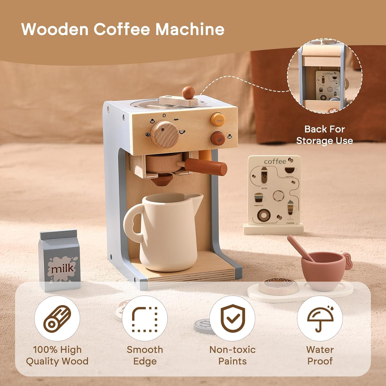 Kids Coffee Maker Playset - Wooden Kitchen Playset Toys - 15PCS Toy Set for Kids Play Kitchen Accessories for Girls & Boys Pretend Play Coffee Maker Toys for Fun image number 4