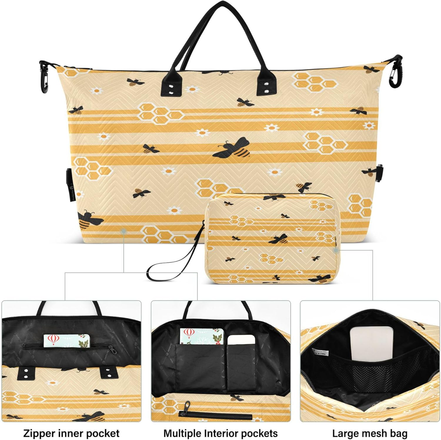 Caihoyu Large Bag Workout Bag Travel Weekender Gear Bag with Adjustable Strap for Trekking Waterproof Bees Honeycombs and Sunflowers, Multi, One Size, Multi, One Size, Modern/Fitted