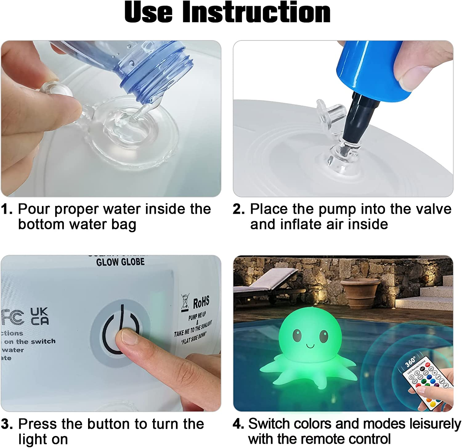 Qoolife Solar Floating Pool Lights,2 Pack Inflatable Octopus Lights with Remote Control, 16 WRGB Colors 4 Modes, IP68 Waterproof Premium Quality, Outdoor Decor Pool Garden Party Christmas Decorations image number 5