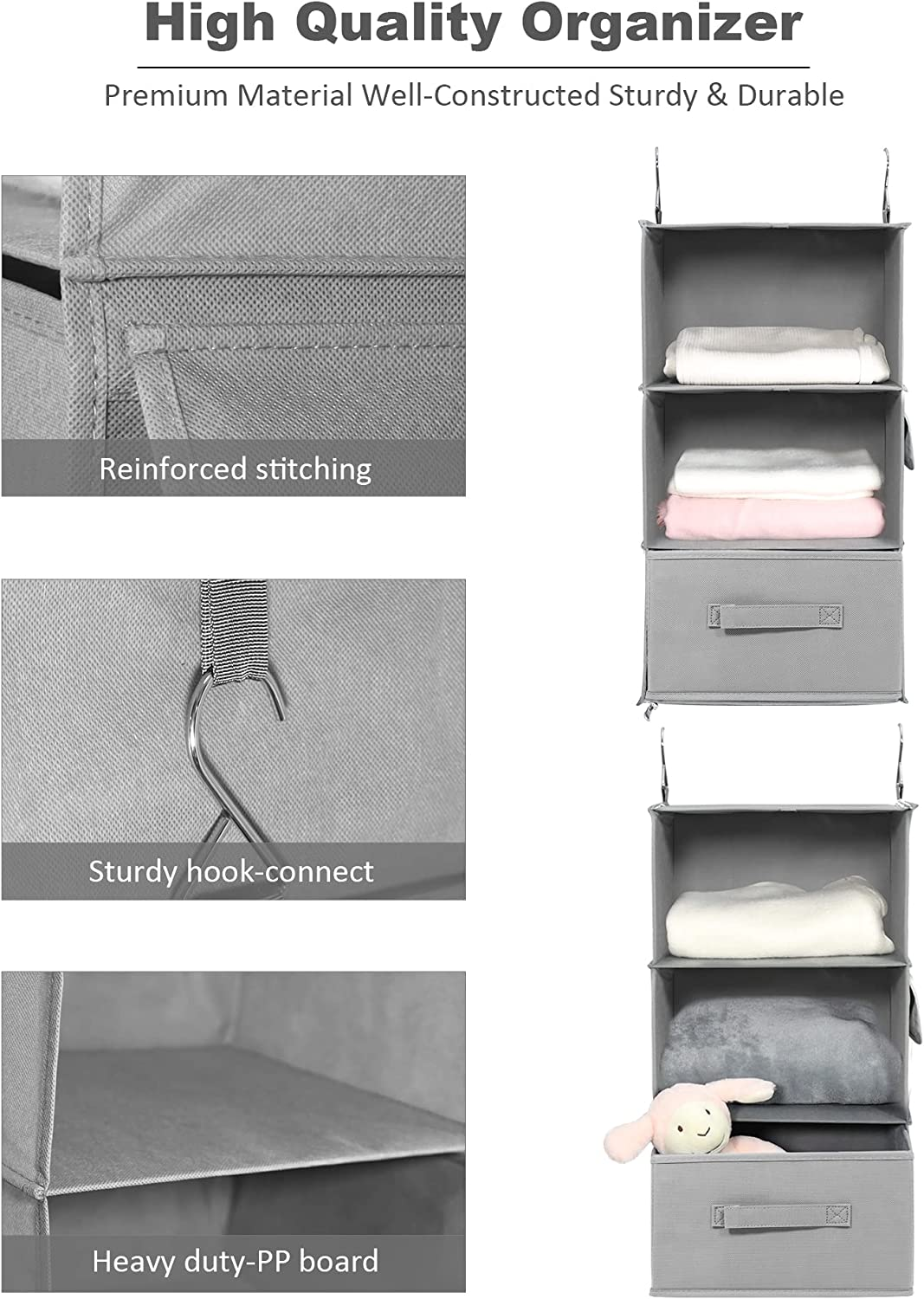 AVITONG 6-Shelf Hanging Closet Organizer, 2 Separable 3-Shelf Hanging Shelves with 3 Drawers for Wardrobe, Nursery, RV Storage, Baby Clothes Organization and Storage image number 6