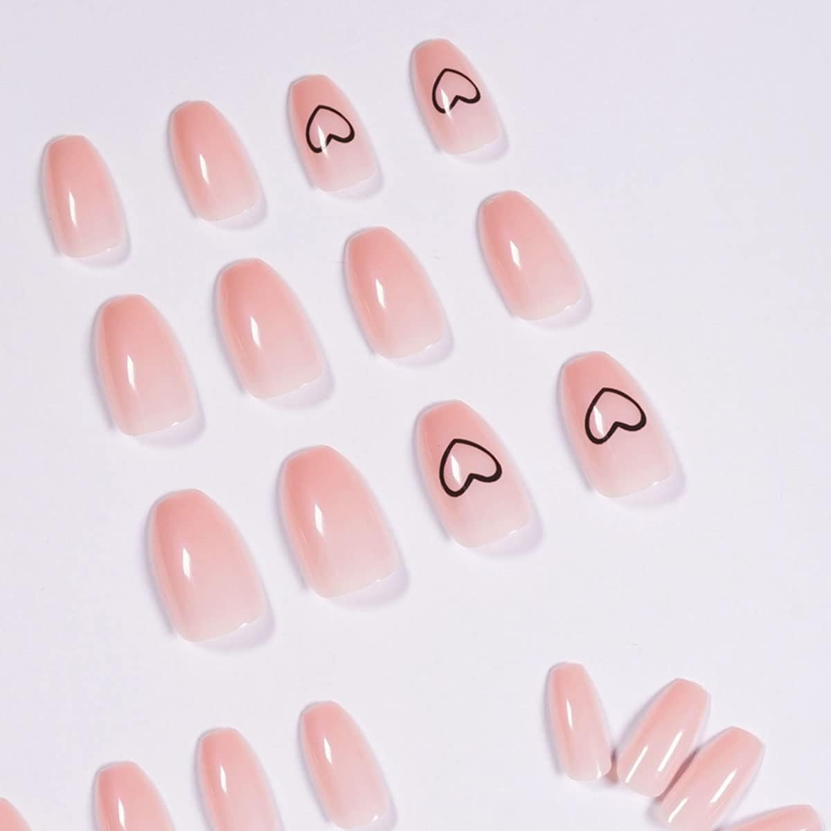 Bufenia Short Coffin Press on Nails Nude Color False Nails Glossy Heart Fake Nails Bellarina Acrylic Stick on Nails 24Pcs for Women and Girls image number 3
