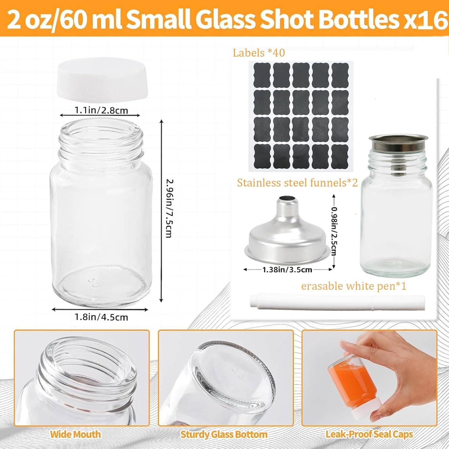 16 Pack 2 OZ Glass Shot Bottles with Caps, 60 ML Empty Wellness Juice Bottles for Freezer Mini Water Bottle Containers for Drink Milk Beer Coffee Liquid Beverages with 2 Funnels, Lables and Pen image number 3