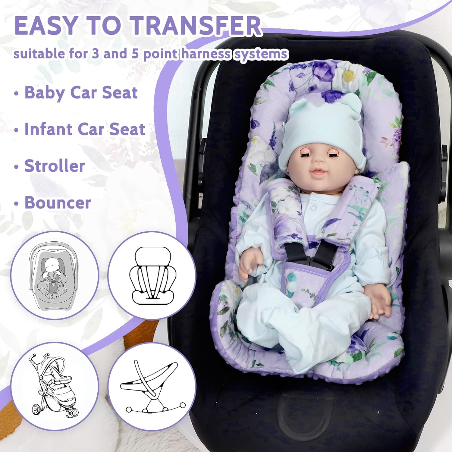 Infant Car Seat Insert and Strap Covers, Very Soft Car Seat Head Support Baby Girl Boy, Reversible Newborn Carseat Insert Cushion Fits for Stroller, Baby Swing, Bouncer (Purple Floral) - White Animals image number 6