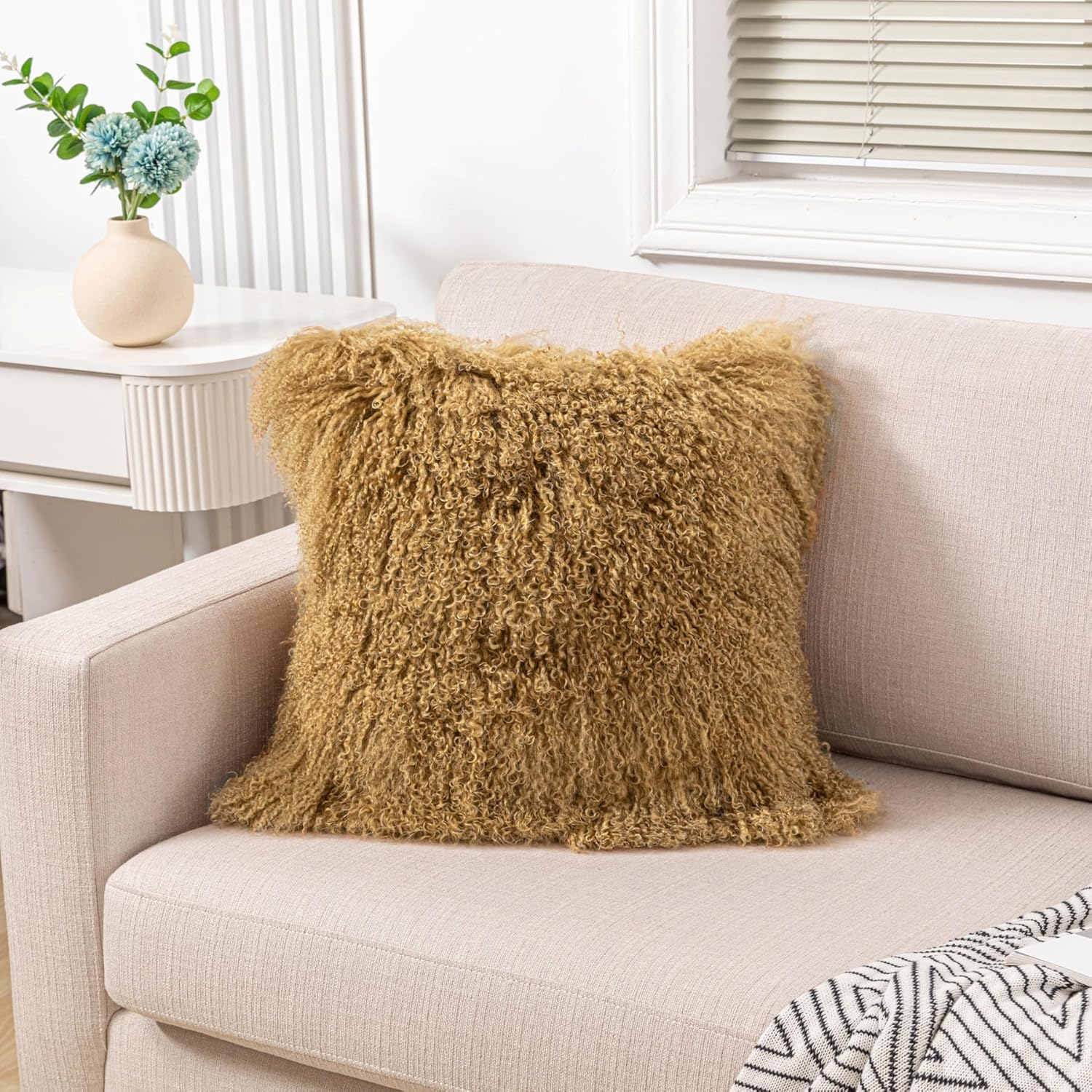 Luxury Mongolian Lamb Fur Pillow Covers Sheepskin Curly Wool Pillowcase Furry Leather Decorative Throw Cushion Cover for Couch and Bed Chair, No Pillow Insert, 18 X 18 Inch, Khaki image number 6