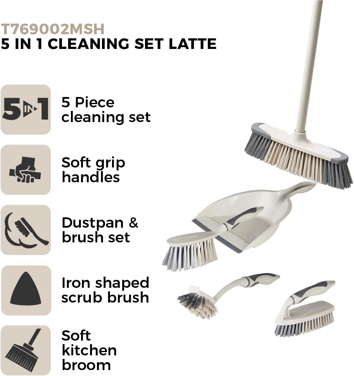 Tower T769002MSH 5-In-1 Cleaning Set with Dust Pan and Brush/Kitchen Broom/Dish Brush/Scrub Brush, Latte & Grey image number 2