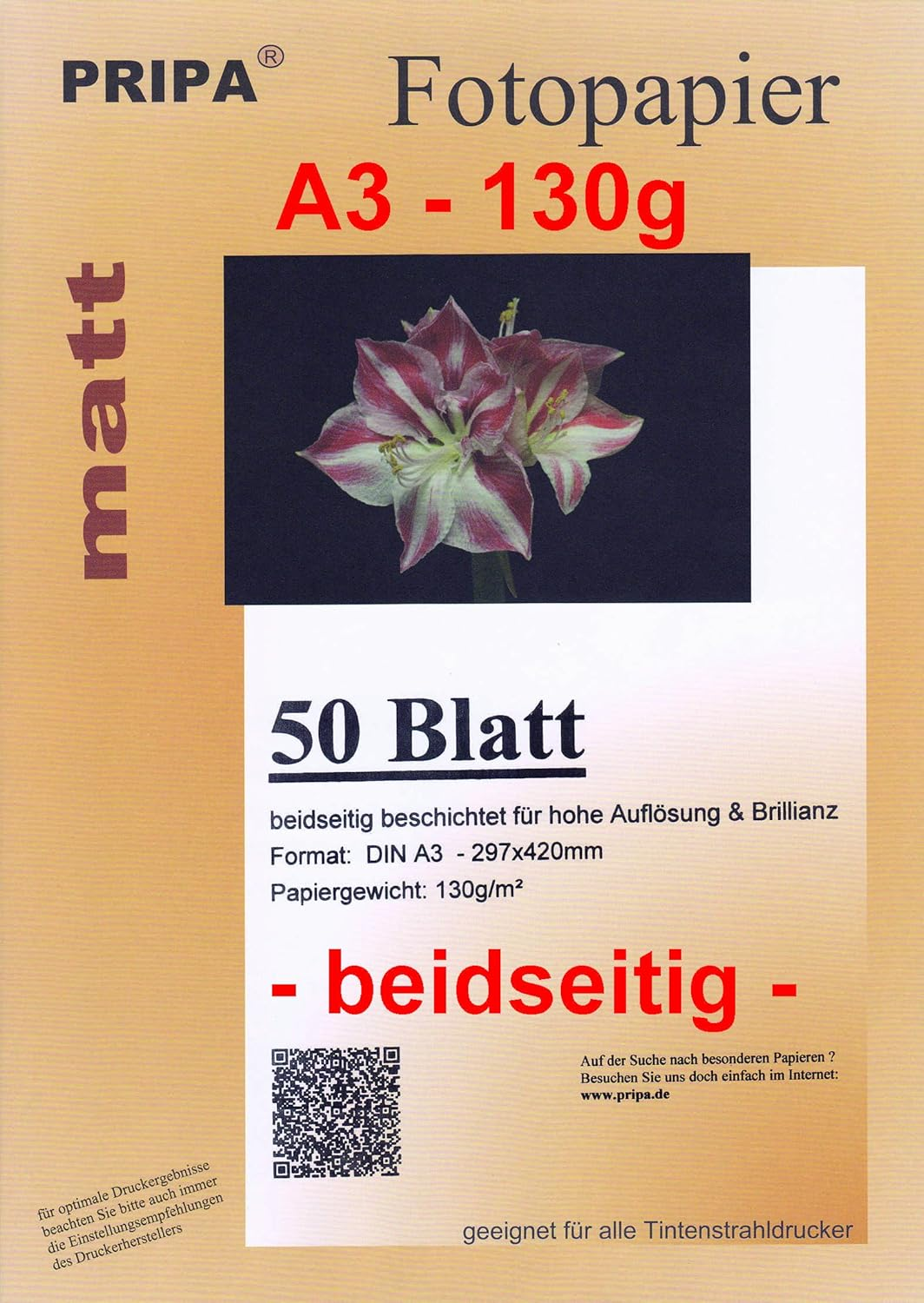 Pripa 50 Sheets Inkjet Photo Paper Matte Coated No Gloss DIN A3 130 G Inkjet Printer image number 4