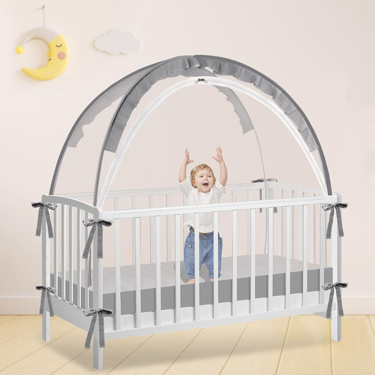 Dsocool Crib Tent - Keep Baby In, Stop Climbing Out, Pop up with Durable Breathable Net, Double Zipper, Strong Rods, Easy Installation (Grey) - Grey image number 4