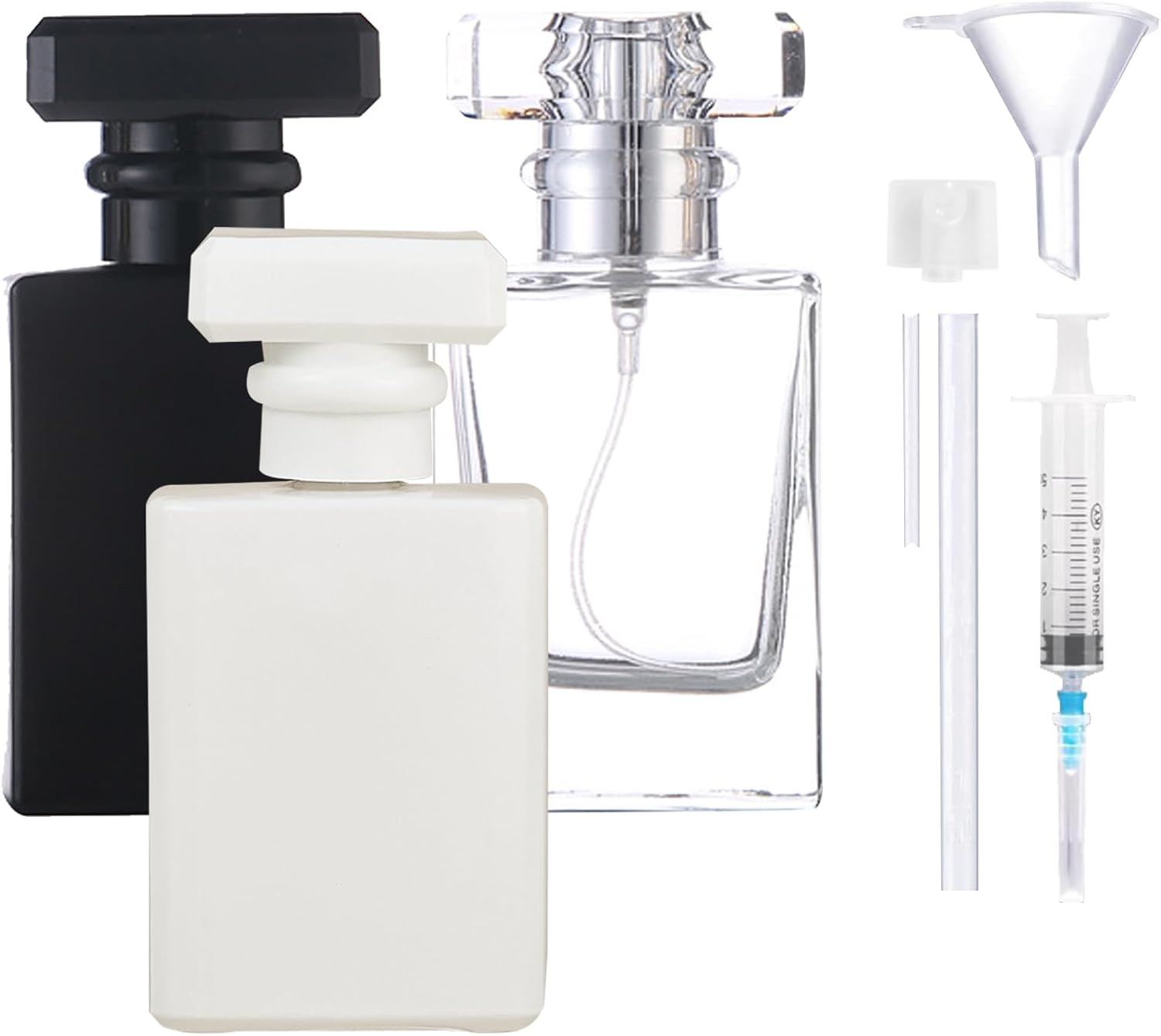 XUSSMM Pack of 3 Refillable Perfume Atomisers, 30 Ml Empty Perfume Bottle with 3-Colour Rectangular Lid, Portable Spray Bottle with Practical Accessories for Perfume, Travel, Cosmetics (30 Ml) image number 3