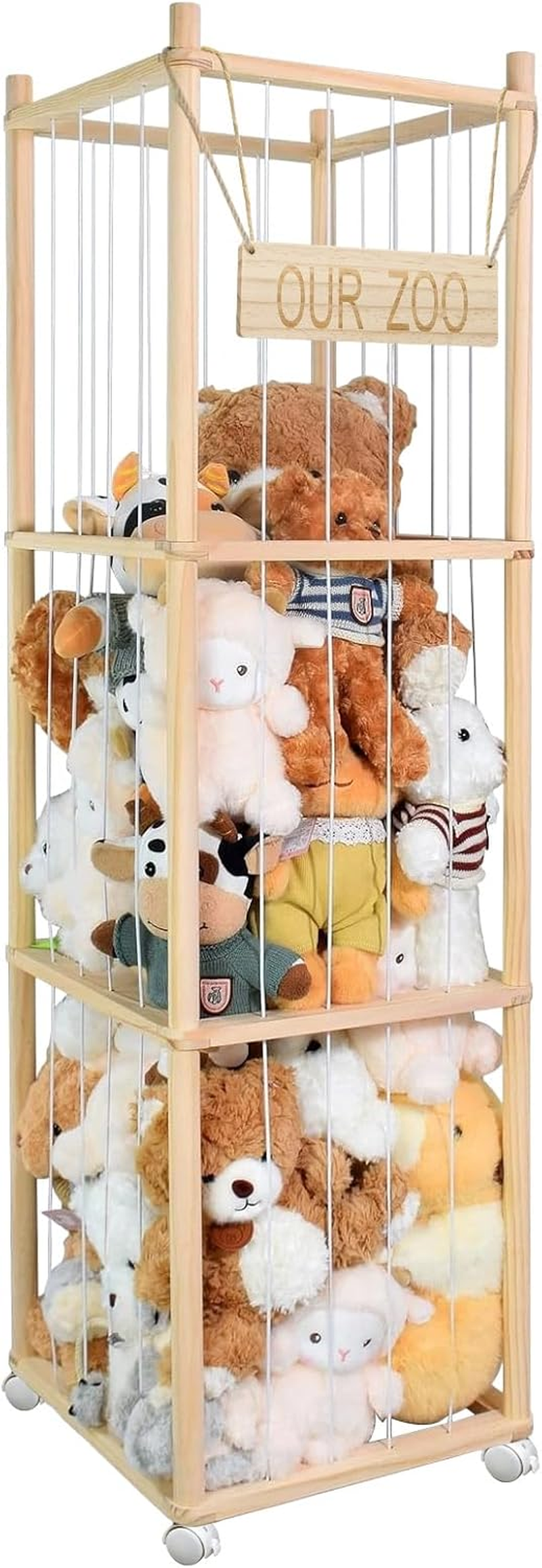 Wooden Plush Toy Storage Tower with Wheels, Stuffed Animal Storage Elastic Cord Cage for Plush Toys, Soft Toy Organiser for Kids' Room & Play Area