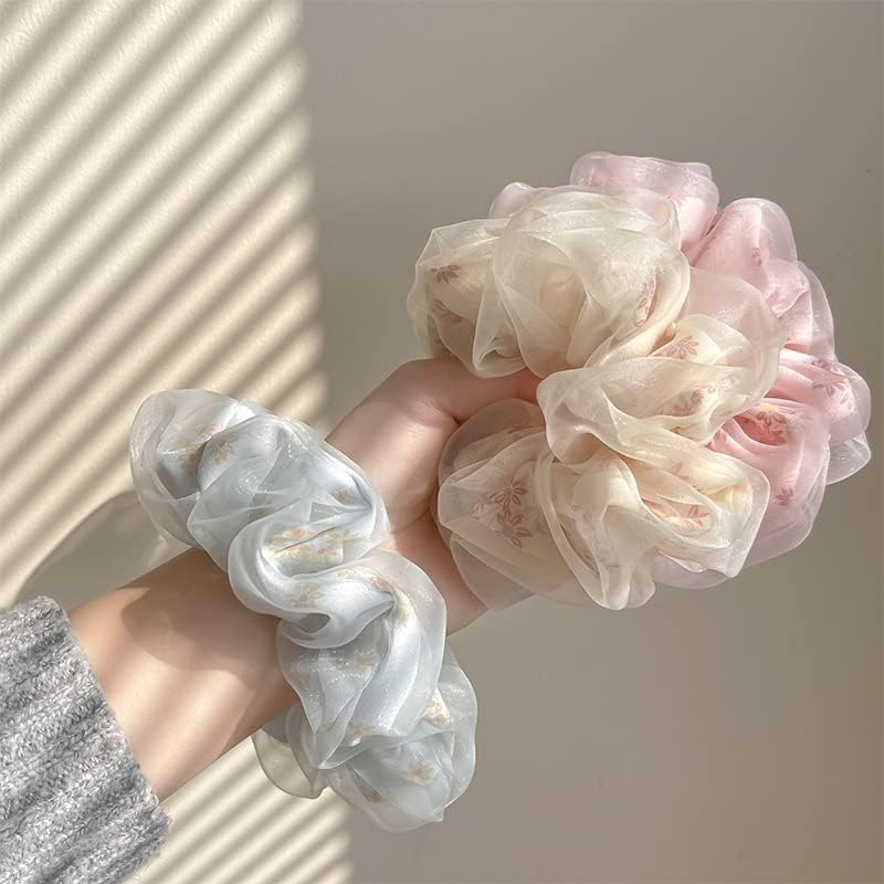 Daisy Scrunchies Hair Elastics for Women Girls Organza Hair Scrunchies with Daisy Flower Hair Rubber Bands for Thick Hair Styling Accessories 3 Pcs