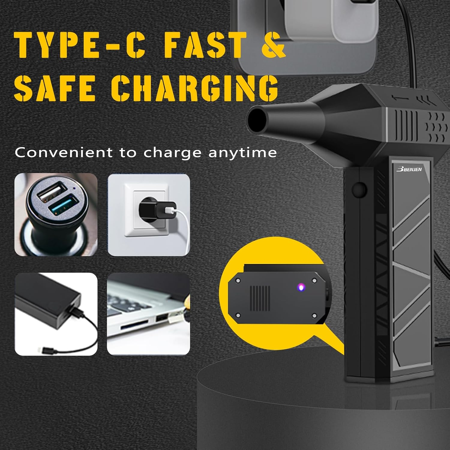 BENJEN Compressed Air Duster-150000Rpm Electric Air Duster for Cleaning Keyboard & PC Infinitely Adjustable Speed Cordless Turbo Fan Turbo Dryer Blower for Car, Air Bed, Outdoors, Home. image number 6