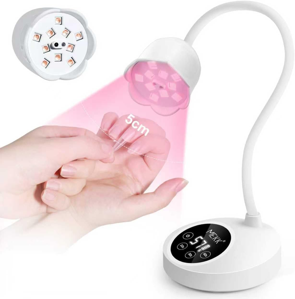 MEKK Gooseneck UV Nail Lamp 30W LED, Crystal White, Gel Nail Lamp, Cordless, Auto-Sensing, 3 Timers, 10 LED Lights