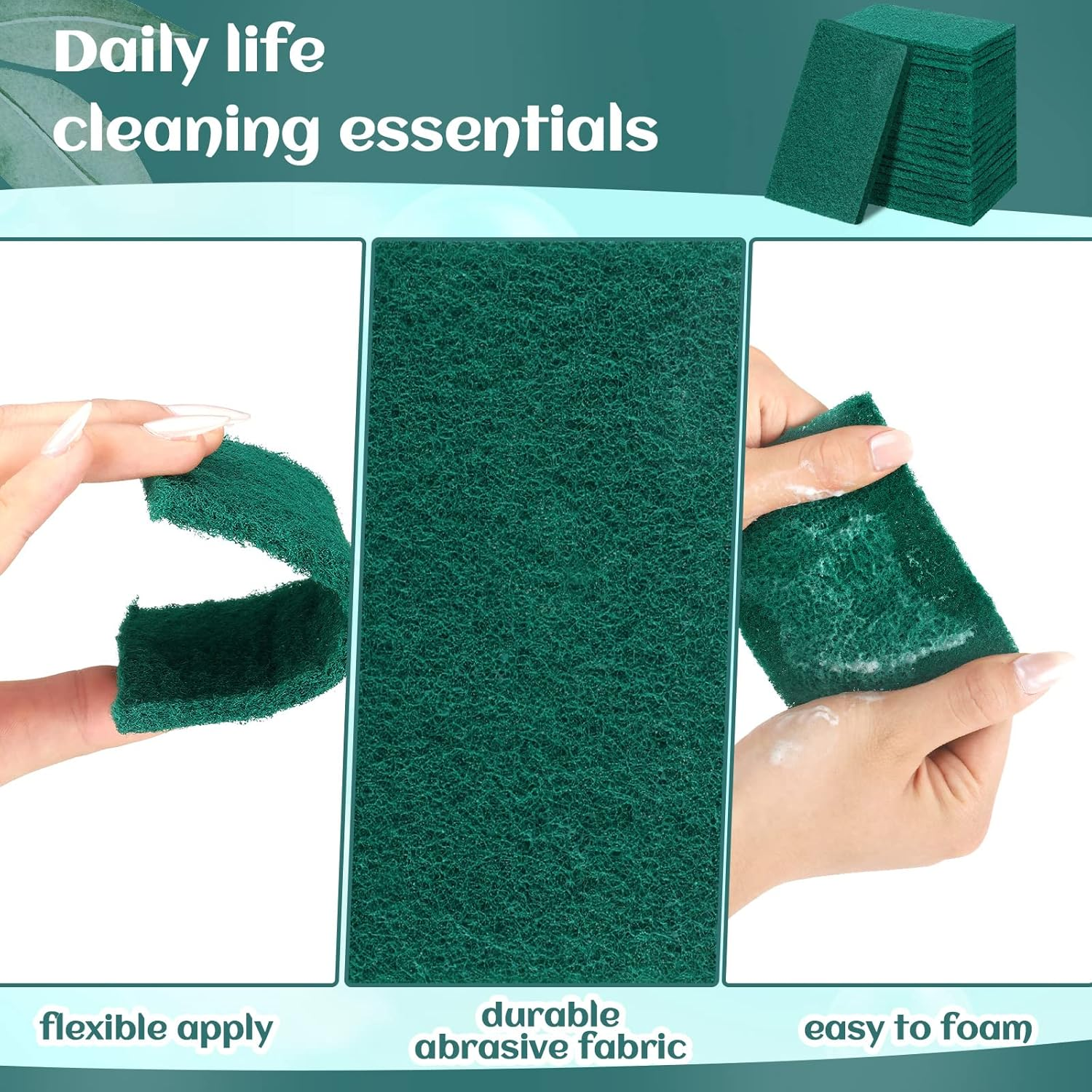Hoolerry 100 Pcs Heavy Duty Scouring Pads Non Scratch Household Scrub Pads for Cleaning Reusable Pan Scrubber anti Grease Scrubbing Pads for Dish Kitchen Metal Grills, 4.3 X 3 X 0.3 Inch (Green) image number 5