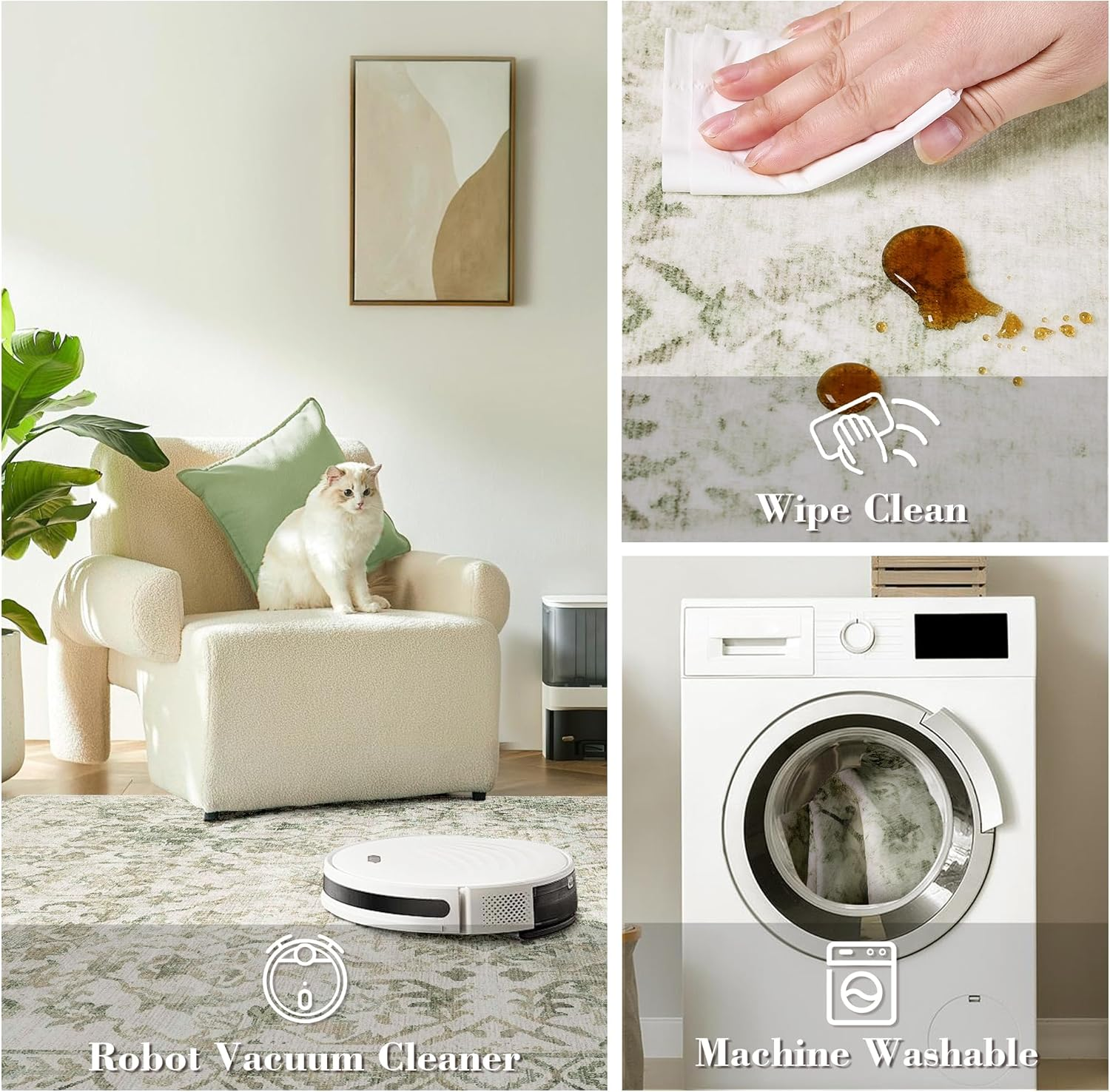 YOUZI Large Vintage Rugs for Living Room, Soft Low Pile Floral Area Rug Washable Non-Slip Boho Oriental Floor Rugs for Bedroom Kitchen Office Dining Room (Lightgreen, 200X300Cm) image number 5