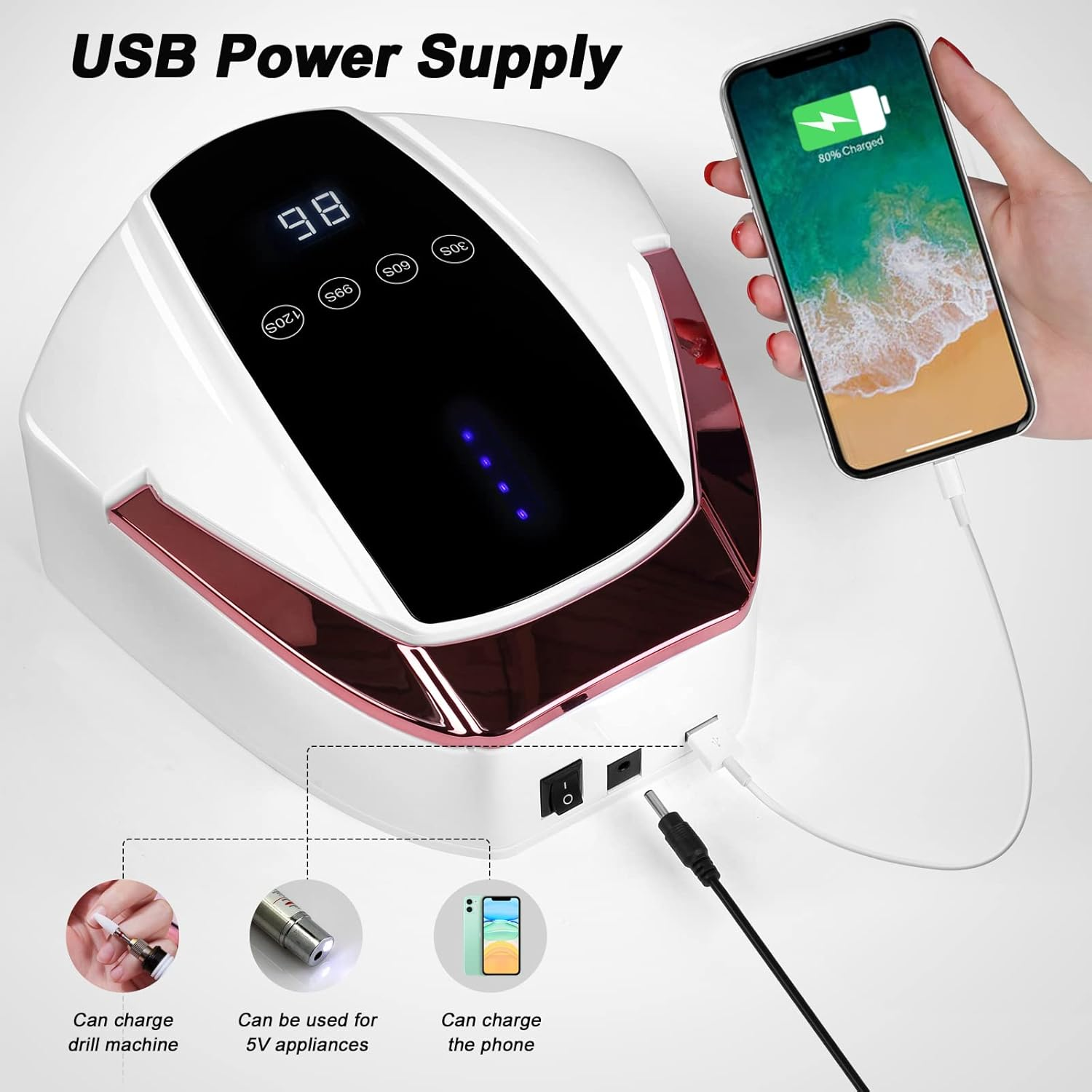 Cordless Wireless UV LED Nail Dryer ，96W Rechargeable UV LED Nail Lamp with Portable Handle and USB Port, Multi-Function UV Gel Polish Nail Lamp Light for Nails Art Polish Manicure image number 5