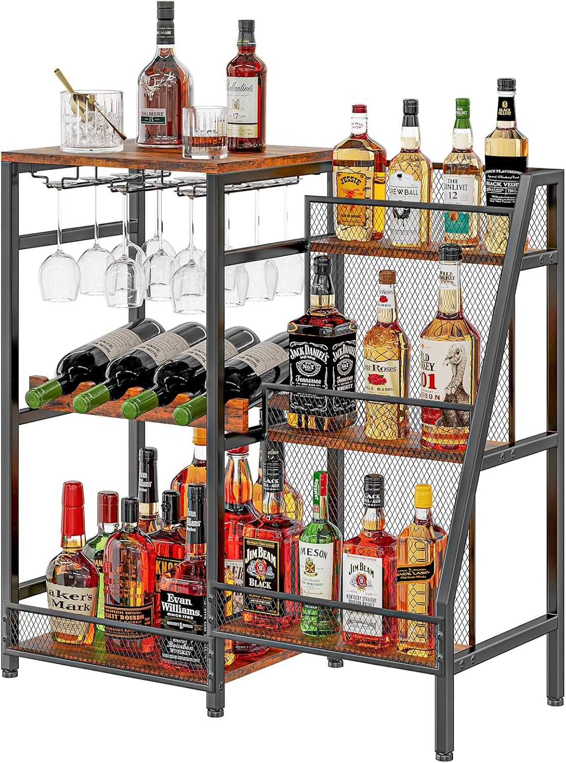 Versatile Liquor Stand for Home Bar, Wine Rack Freestanding Floor, Mini Bar Table for Liquor Whiskey Wine, 3-Tier Trapezoidal Liquor Bottle Display Shelf with Glass Holder and Fences(Patent Pending) image number 4