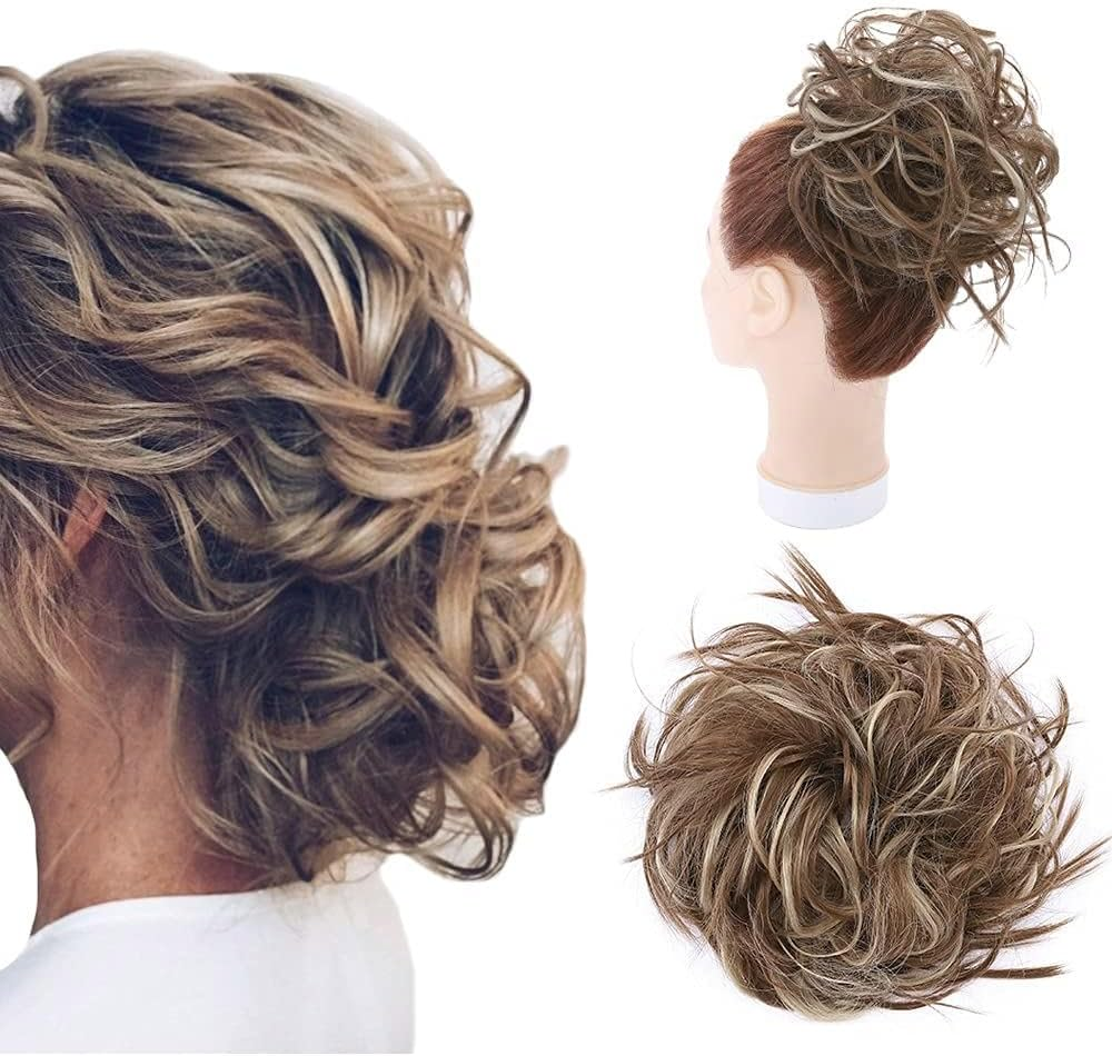 Hairro Messy Bun Hair Piece, Tousled Wavy Hair Pieces for Updos, Fluffy Tousled Short Ponytail Extension for Women Girls，45G #M4 Medium Brown