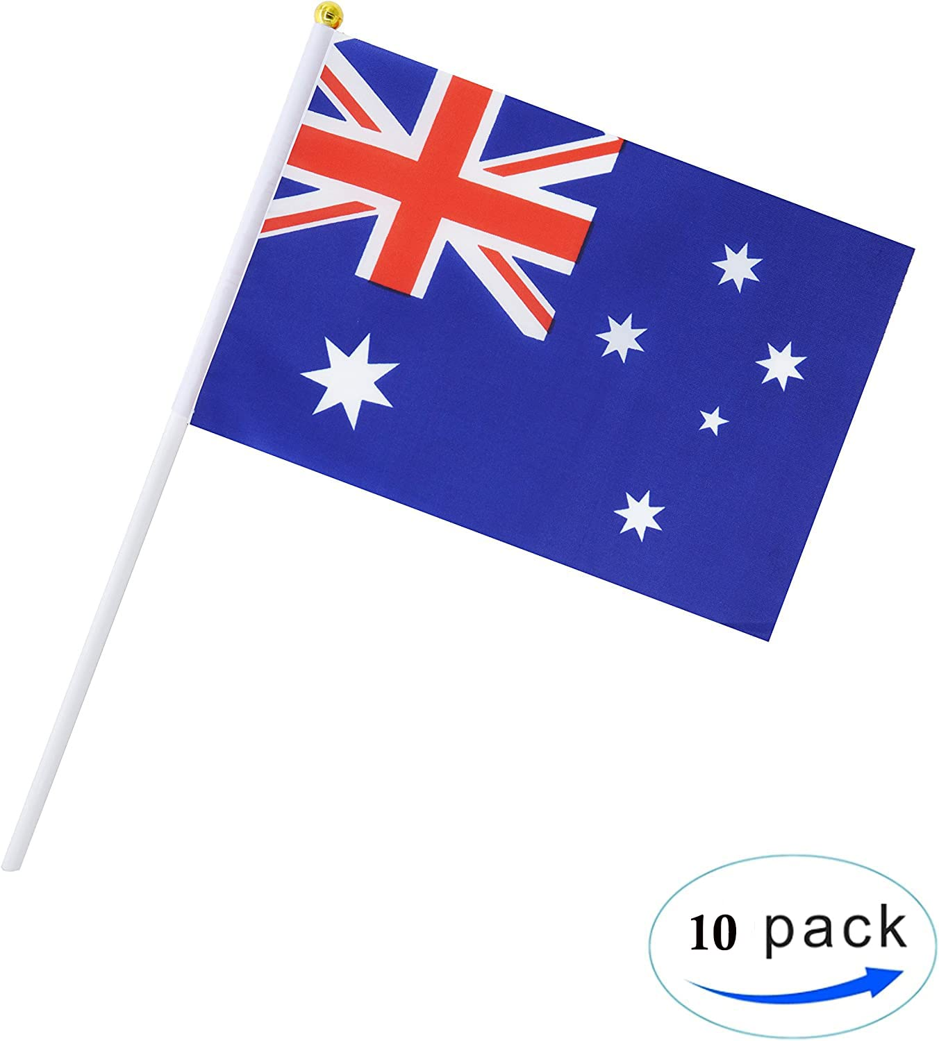 10 Pack Australia Flags 5X8 Inch Hand Waving Stick Flags Small Handheld AU Flags with Safe round Top Mini National Day Country Flags Party Decorations for Parades World Cup Sports International Festival Events (Australia Flag)
