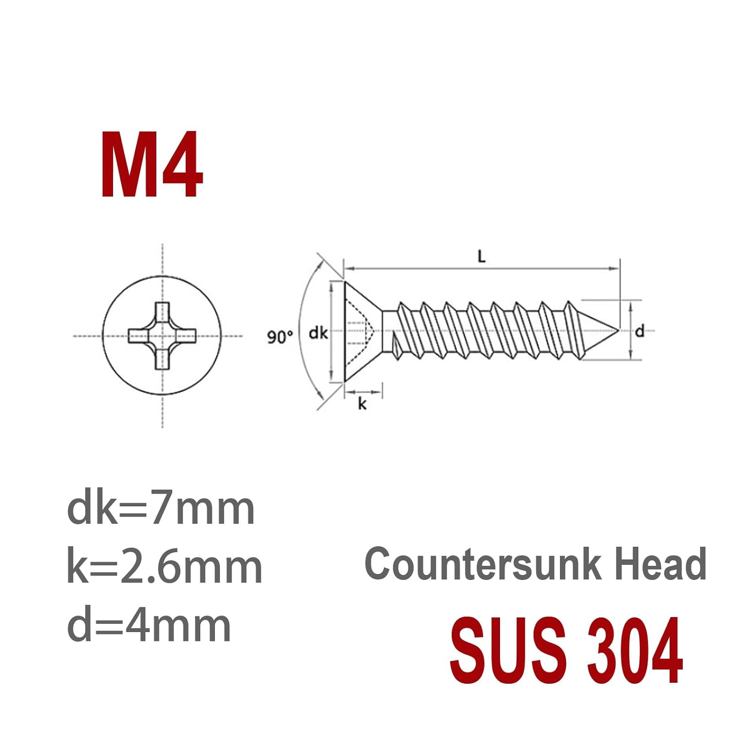 600X M4 Flat Countersunk Head Screws Wood Bolts 304 Stainless Steel Self-Tapping Phillips Assorted Assortment Kit Drilling Cross SUS Furniture image number 3